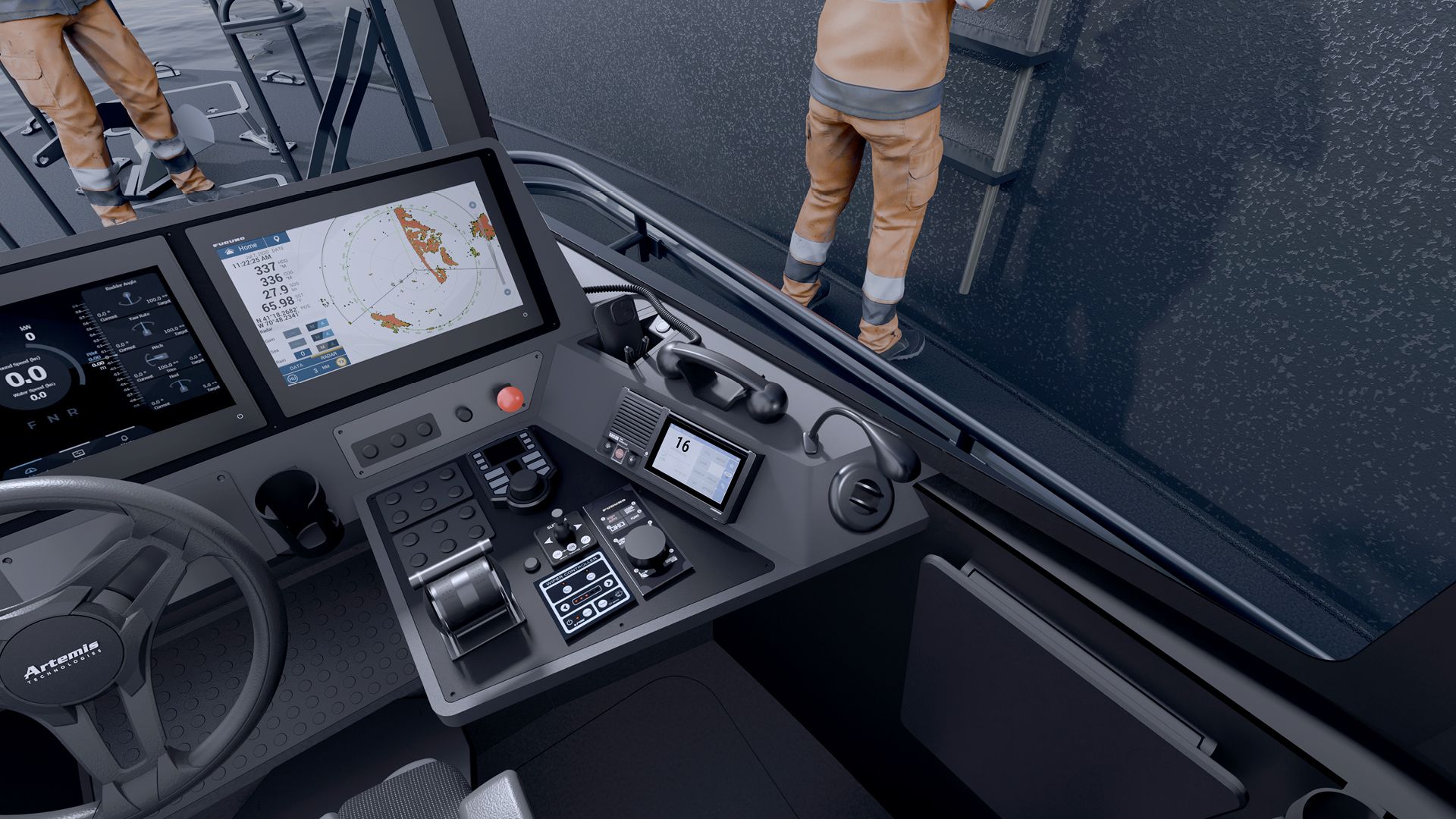 Visibility of the deck from the helm where the coxswain or captain will be seated on the Artemis EF-12 Pilot boat