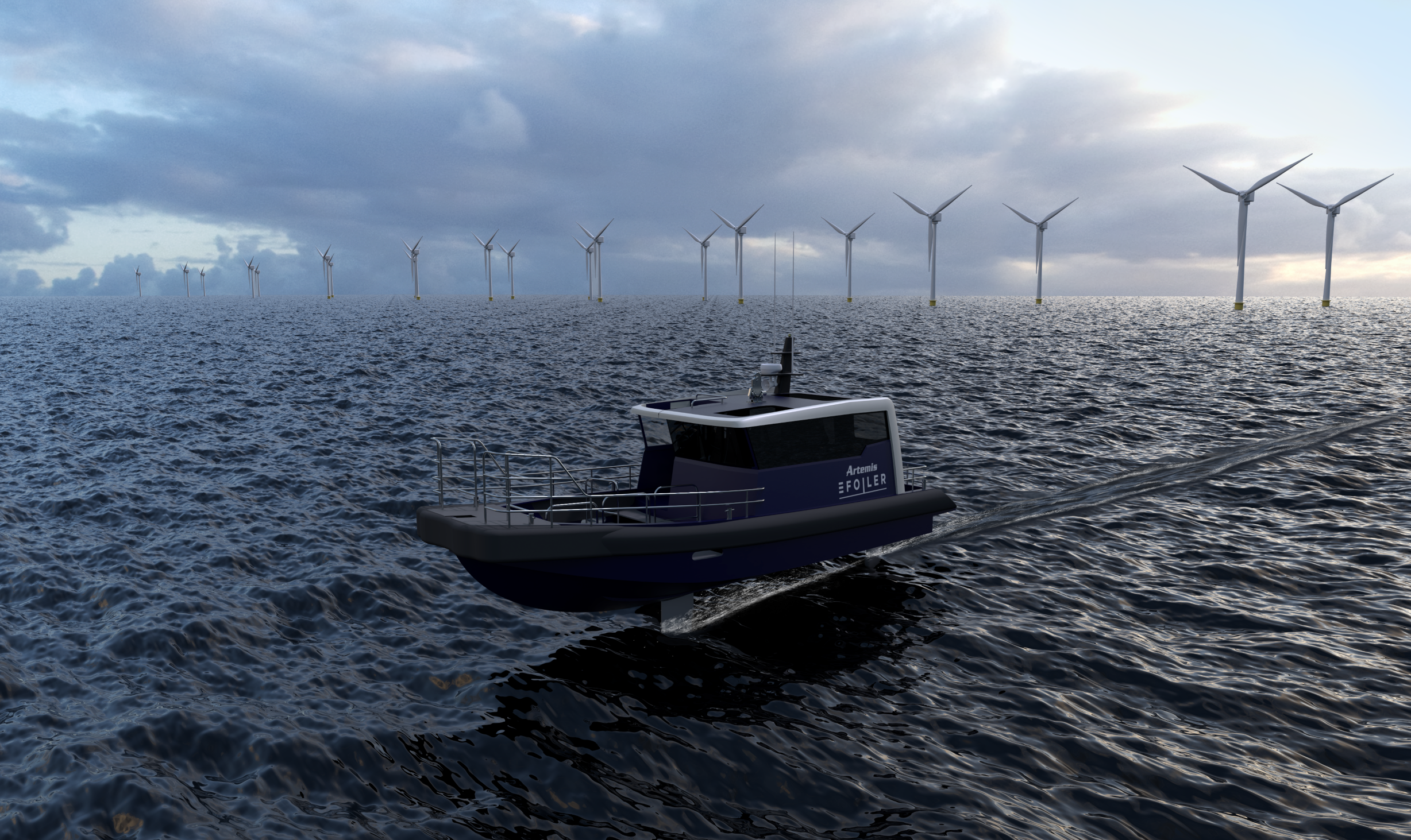 2021 render of crew transfer vessel in a windfarm