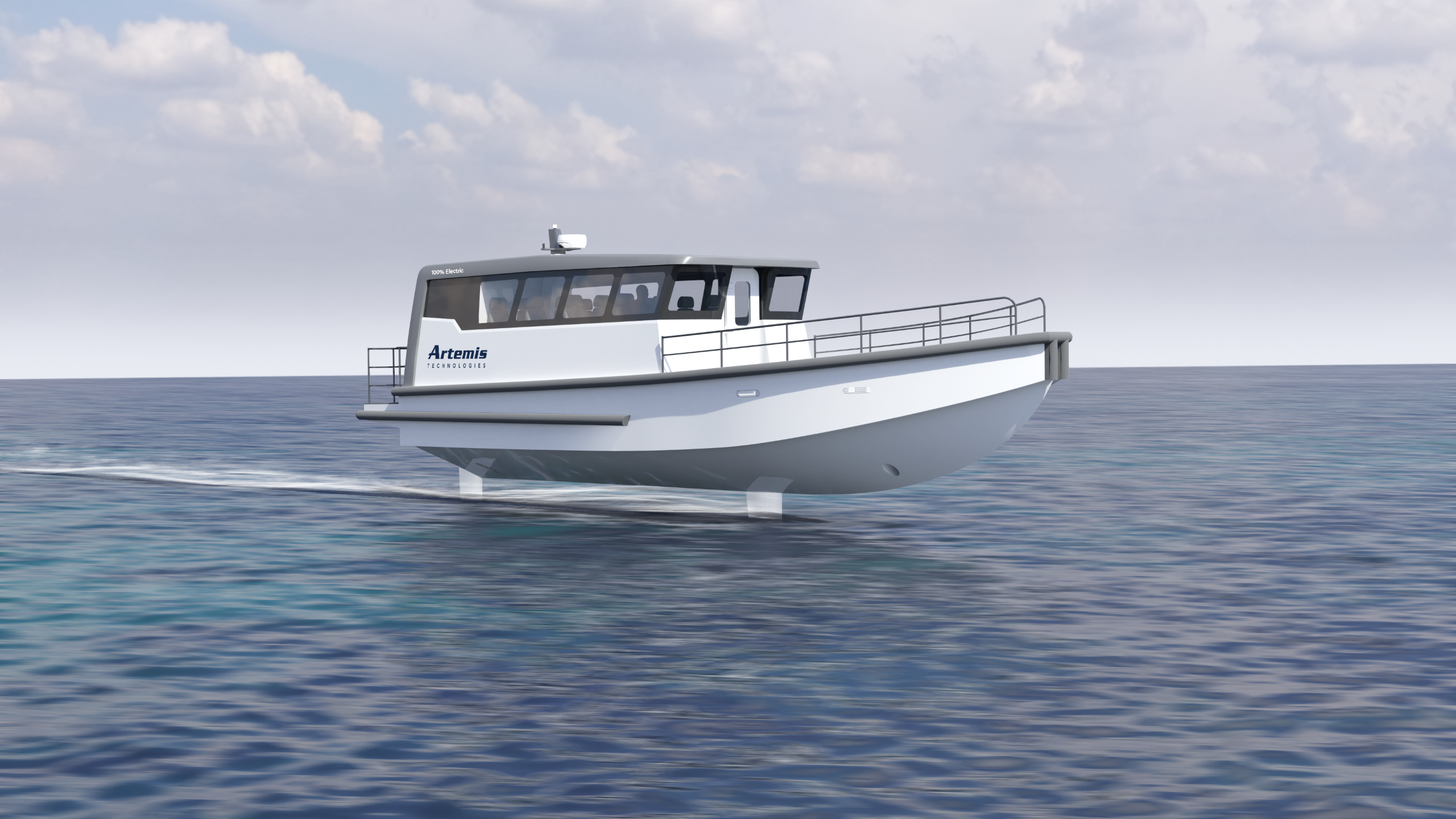 Artemis EF-12 Workboat XL foiling low angle at the bow