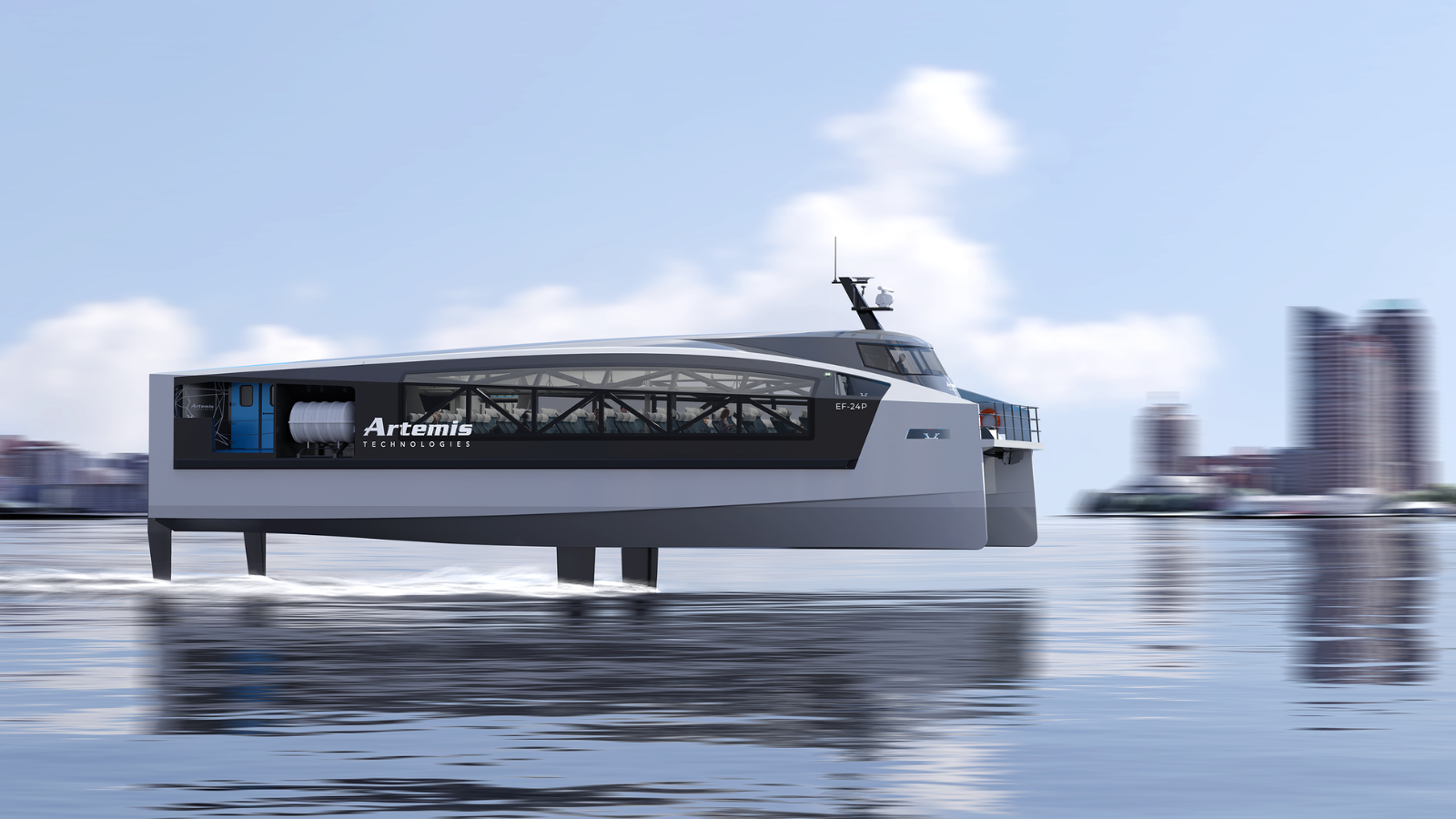 Electric hydrofoil ferry against city backdrop