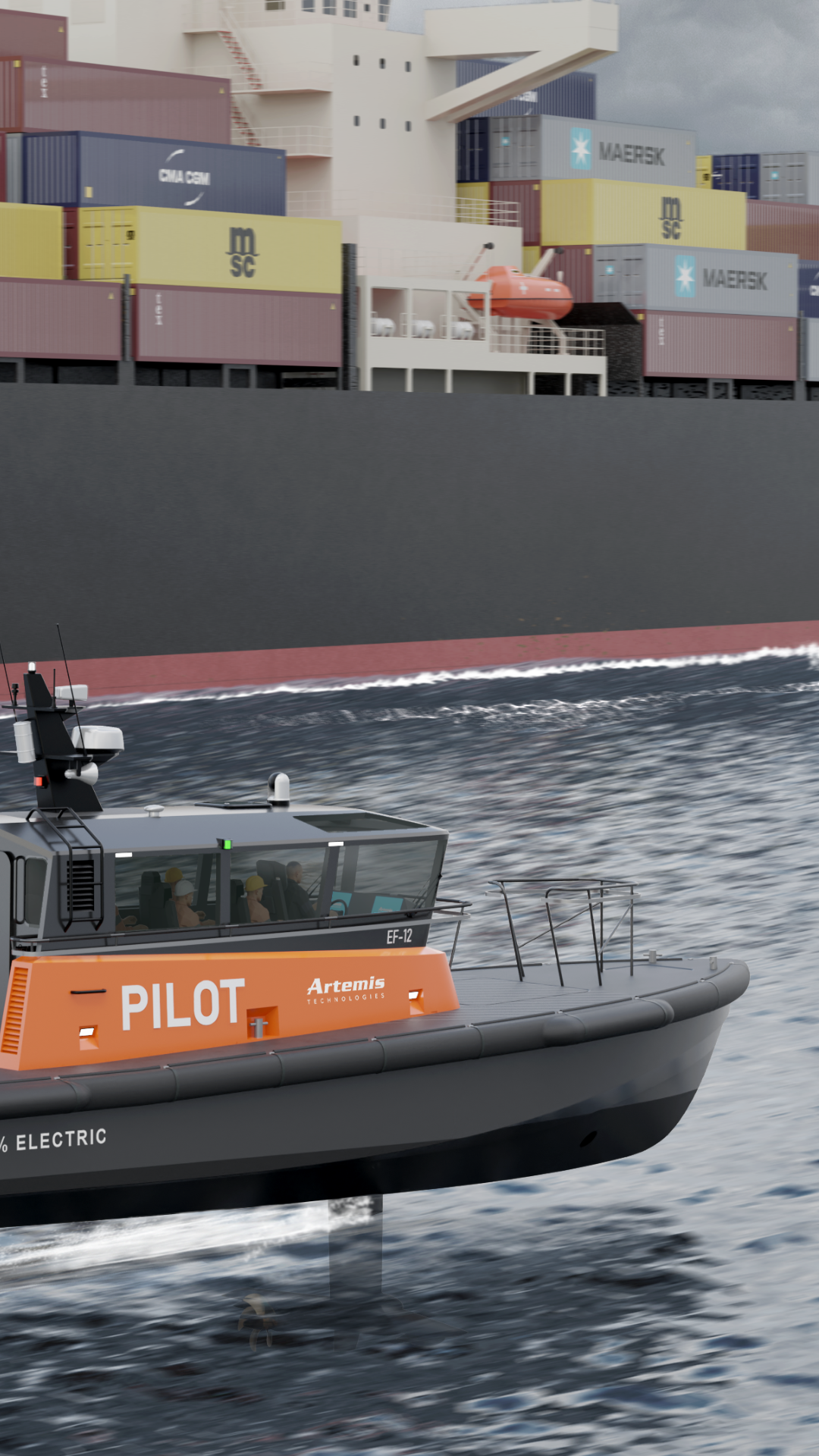 Orange foiling pilot boat with cargo ship in background