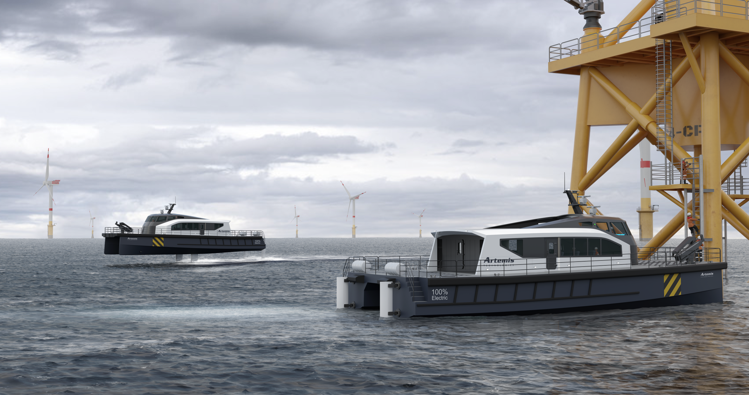 EF-24 crew transfer vessel in displacement mode carrying out a bollard push manoeuvre at an offshore wind turbine. Another EF-24 CTV is foiling in the background in the offshore wind farm.
