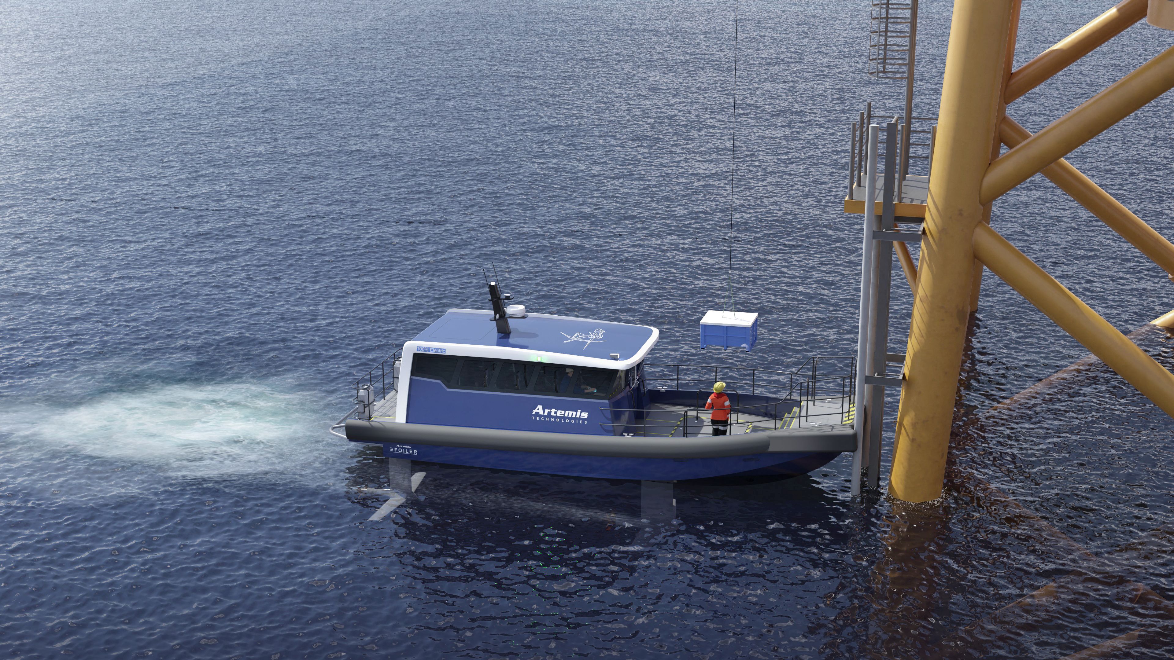 EF-12 crew transfer vessel bollard push at an offshore wind turbine as a box of cargo is lifted from the bow