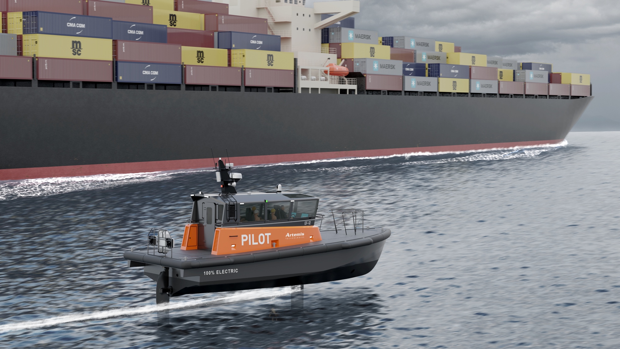 Artemis EF-12 Pilot boat foiling beside a large cargo ship