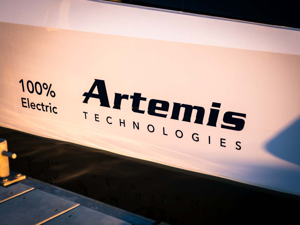 Hull of an electric boat with logo