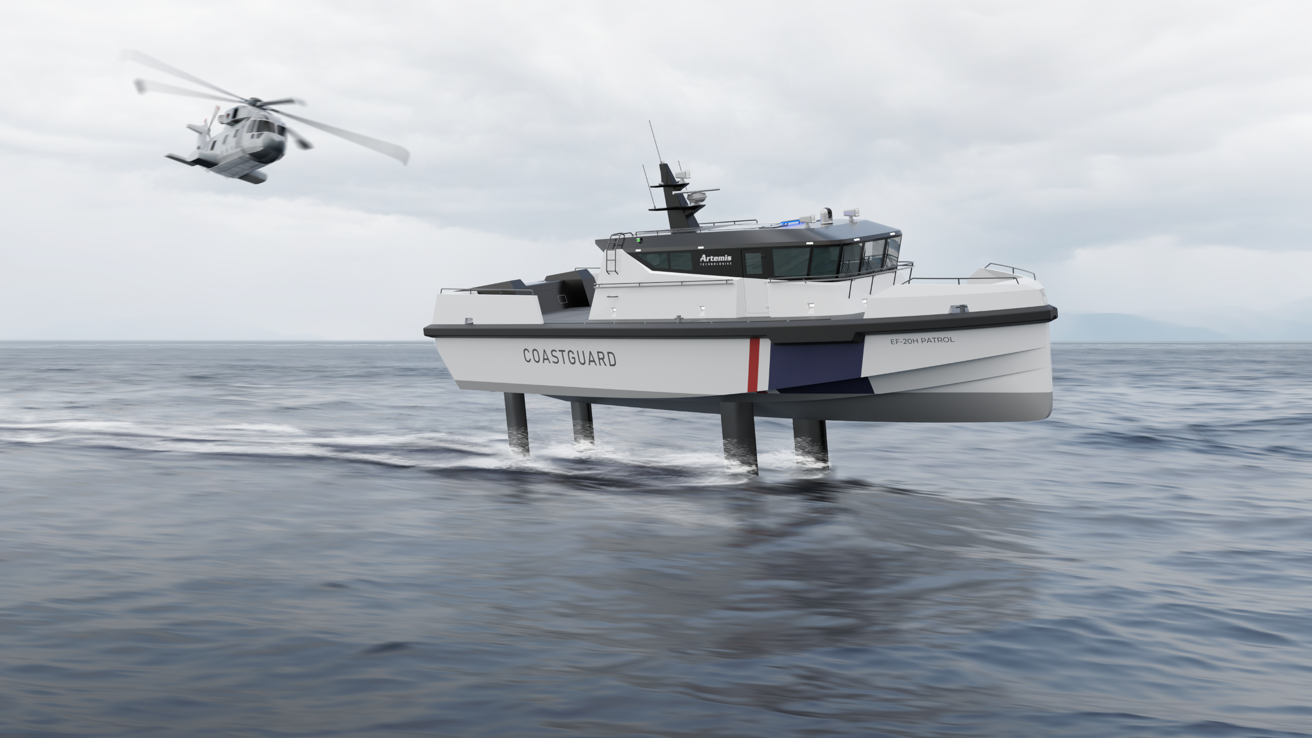 Artemis EF-20H Patrol foiling with helicopter flying behind. The Patrol boat reads coastguard on the side.