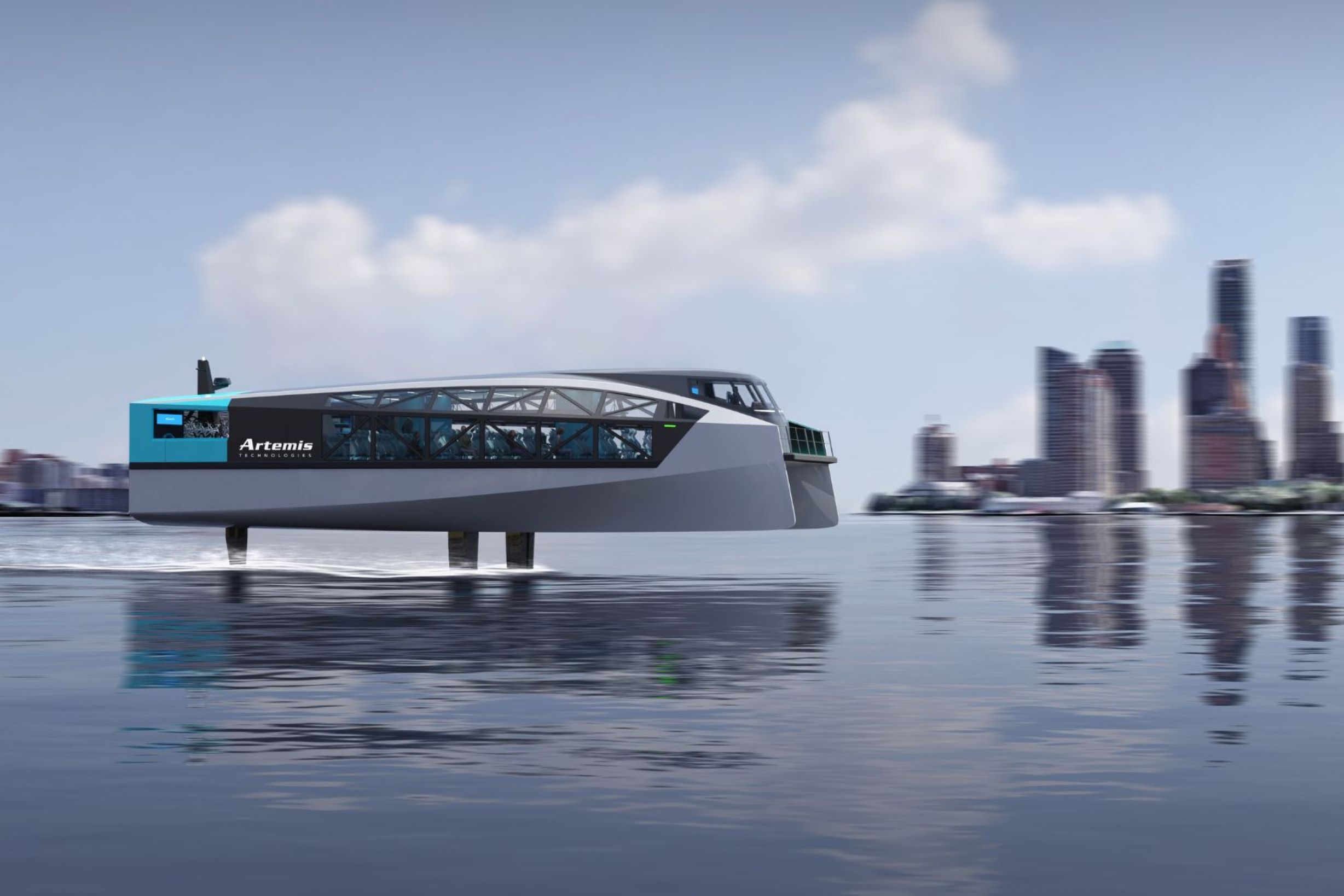 Render of EF-24 Passenger Ferry foiling in city landscape