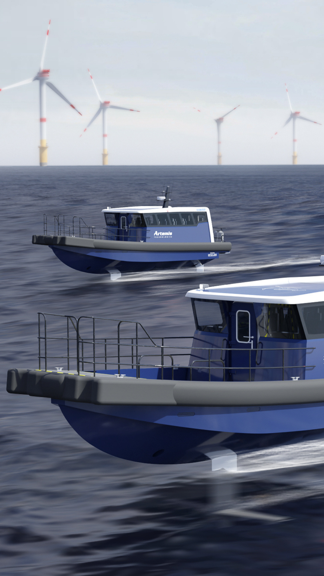 Two blue crew transfer vessels foiling at an offshore wind farm