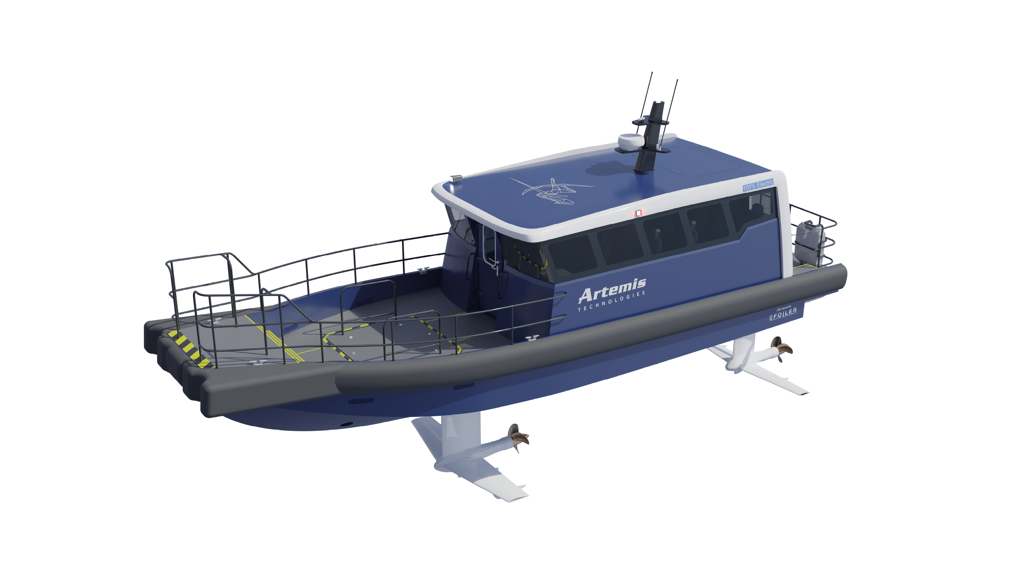 Front side view of a 12 metre crew transfer vessel showing the bow fender