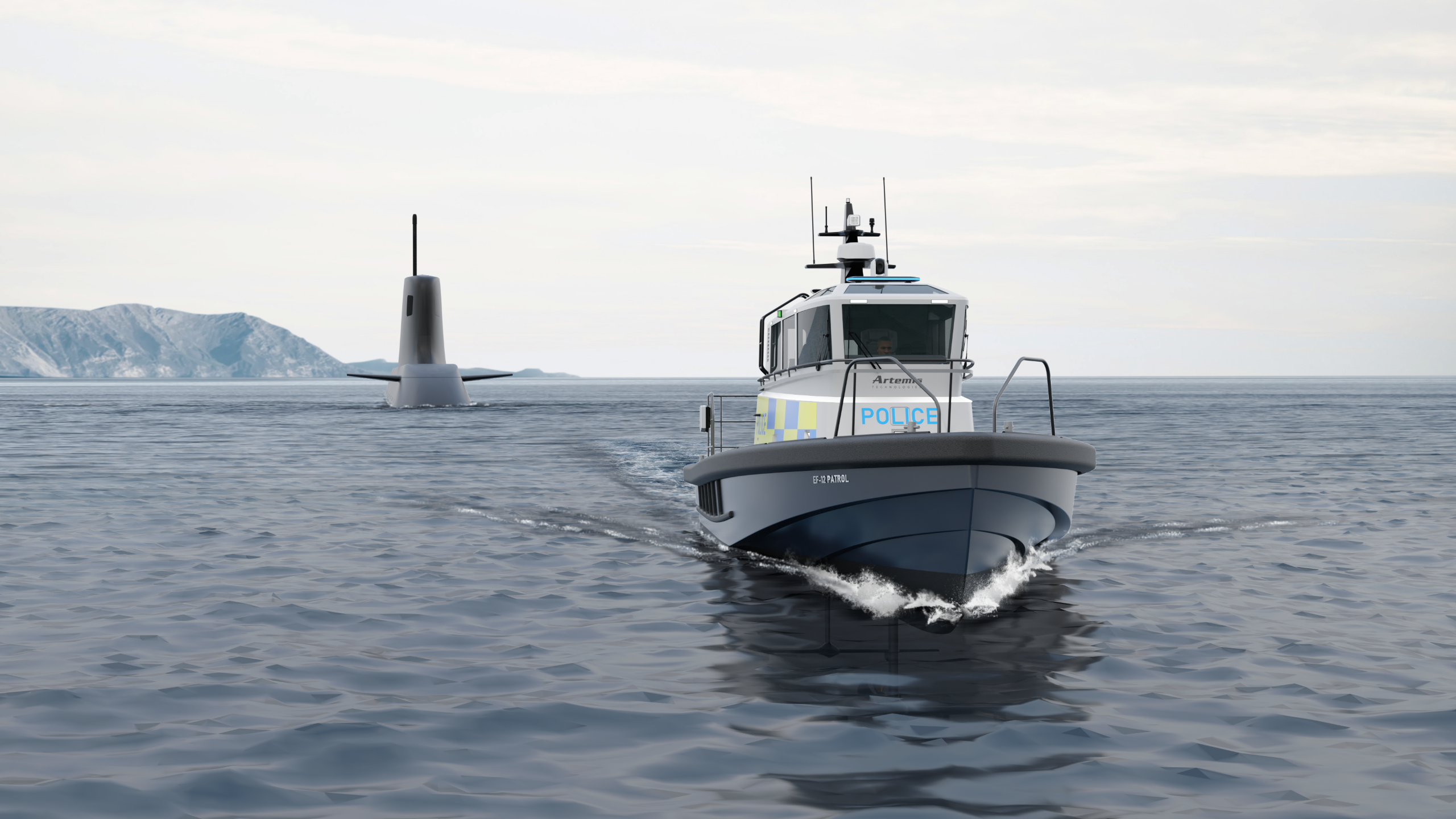 Artemis EF-12 Patrol boat foiling and in the background the top of a submarine is out of the water