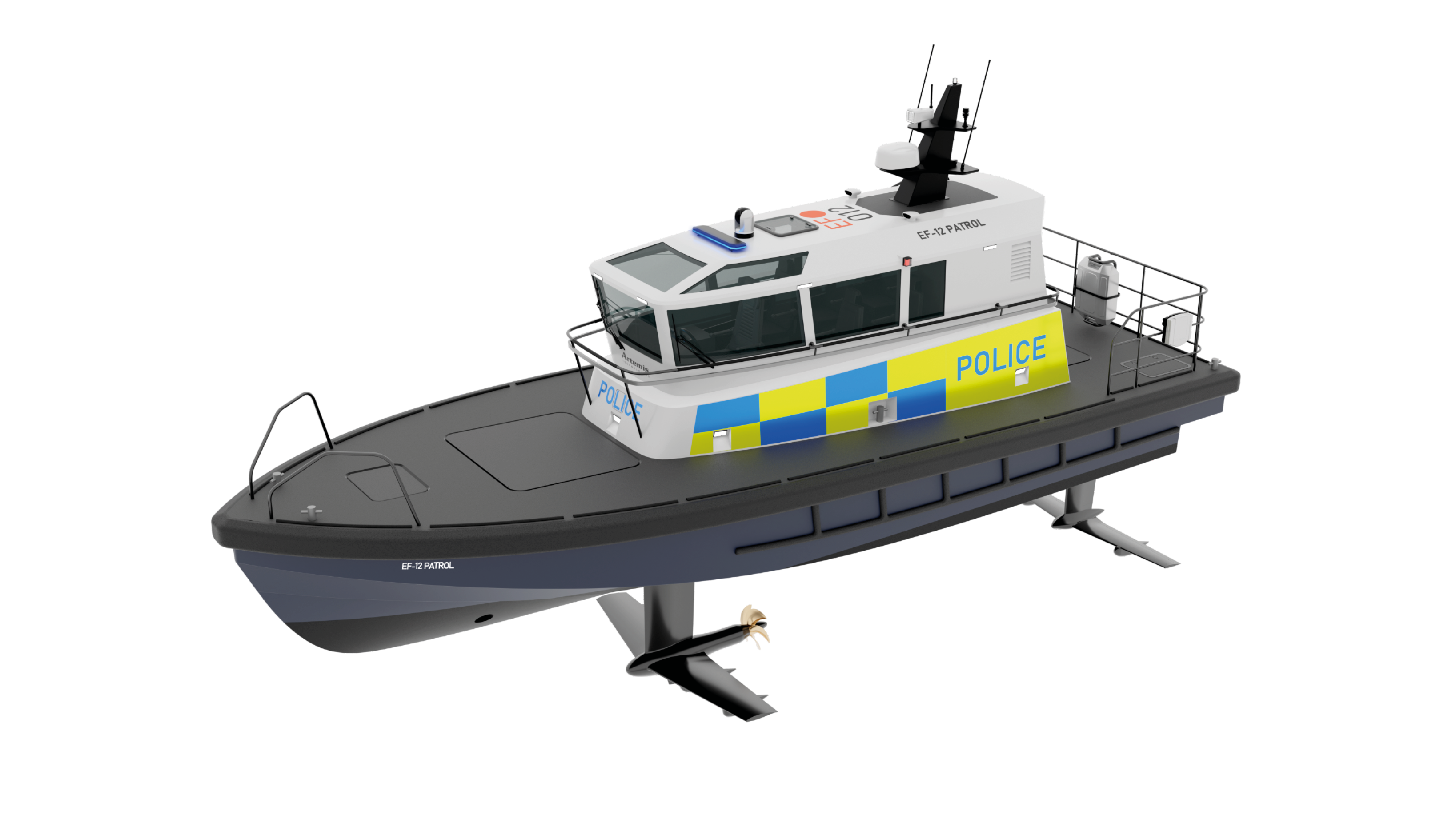 Front side view of the EF-12 patrol boat with foils visible