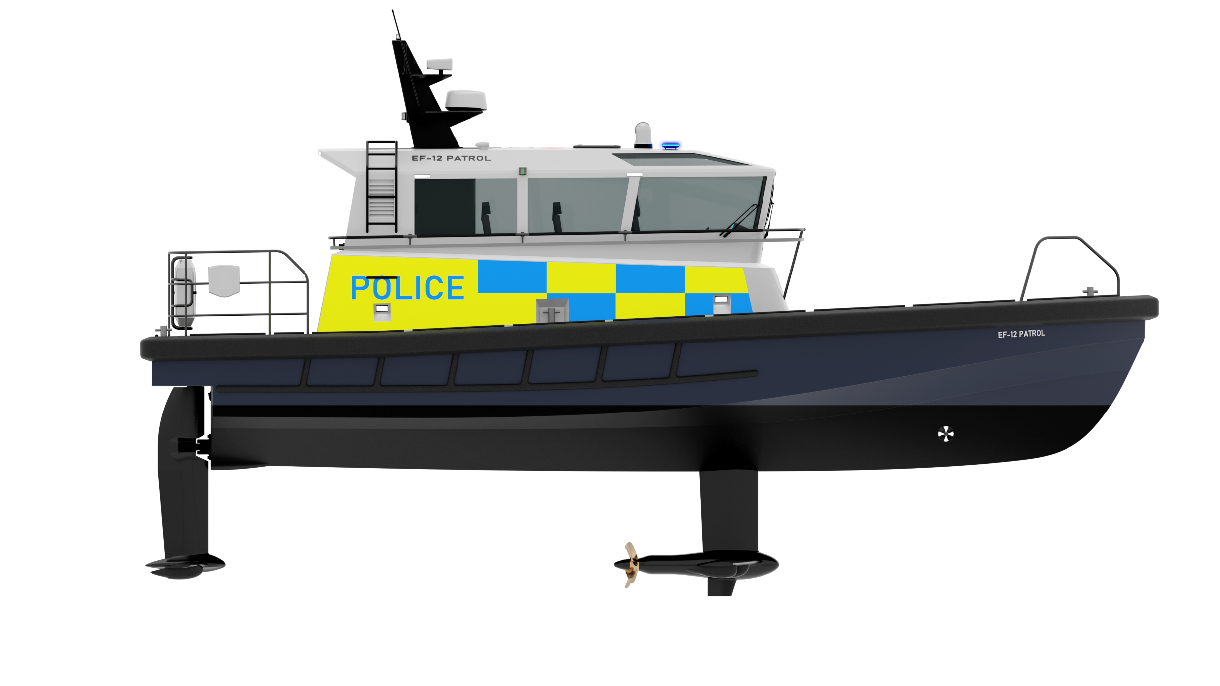 Starboard view of the EF-12 Patrol boat showing the entire vessel including the foils and propulsion