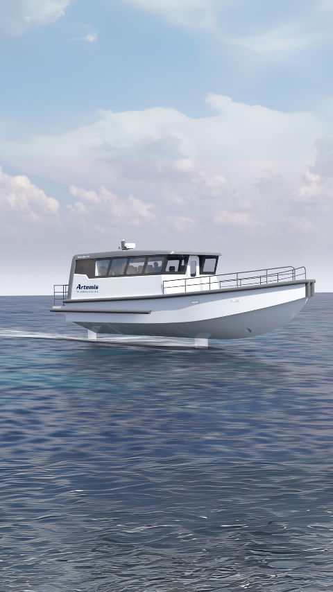 White foiling Artemis EF-12 Workboat XL vessel in the sea