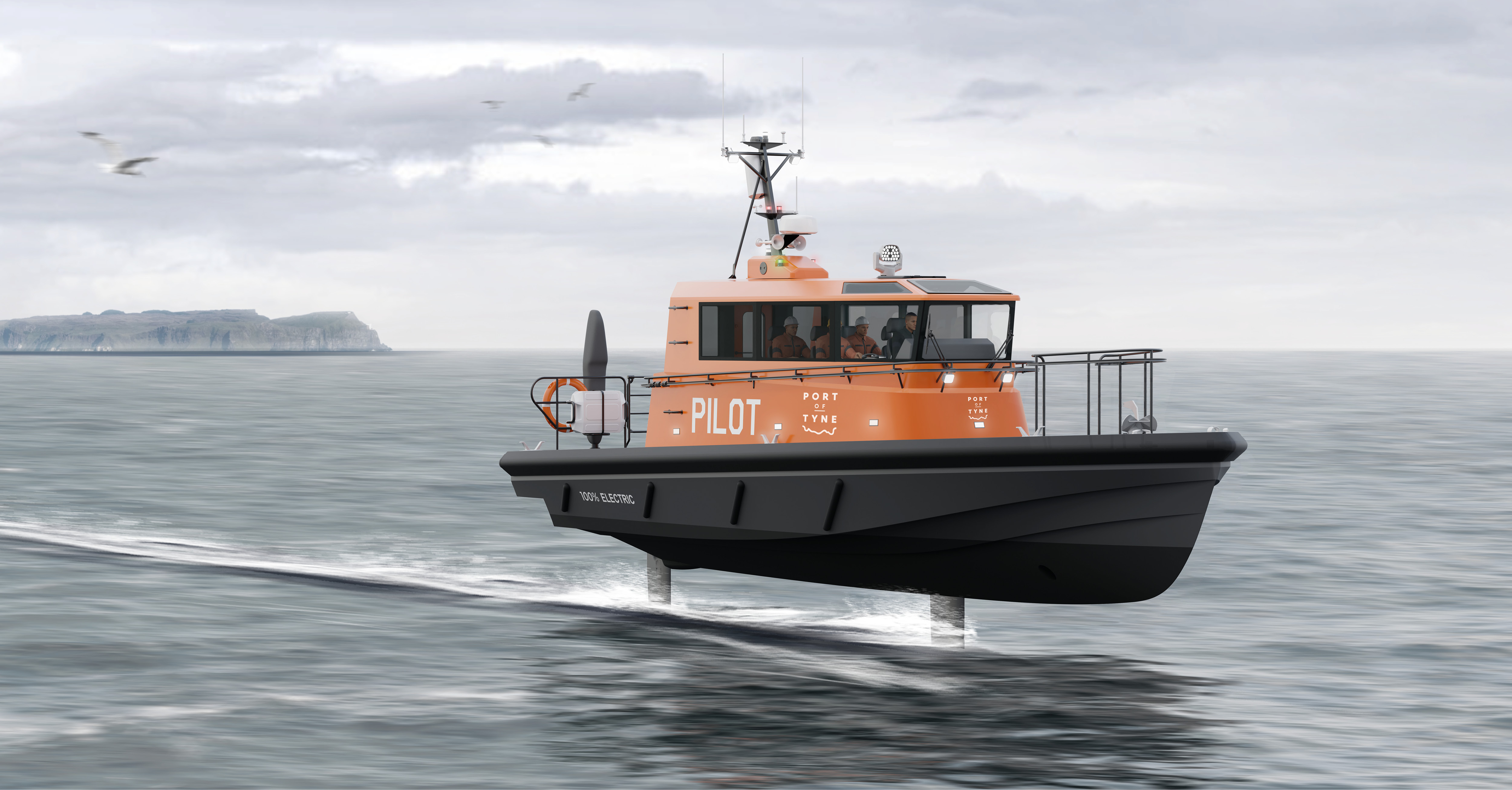 An 100% electric Artemis EF-12 Pilot foiling away from the port with Port Tyne logos on the side