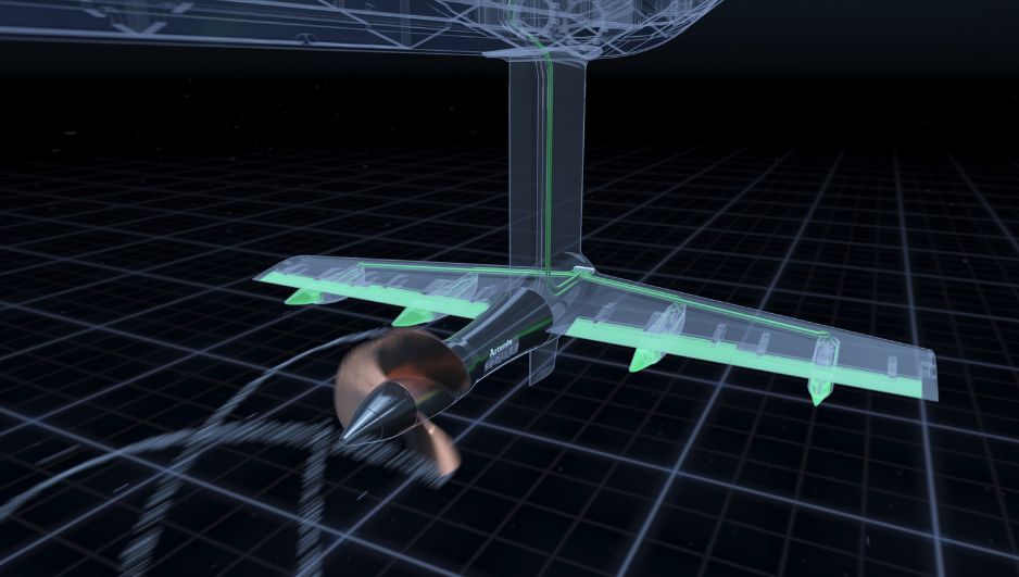 Artemis eFoiler computerised render of the forward foil and propulsion