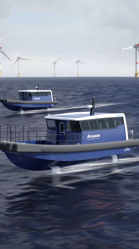 Render of two Artemis Technologies EF-12 Workboats foiling alongside eachother