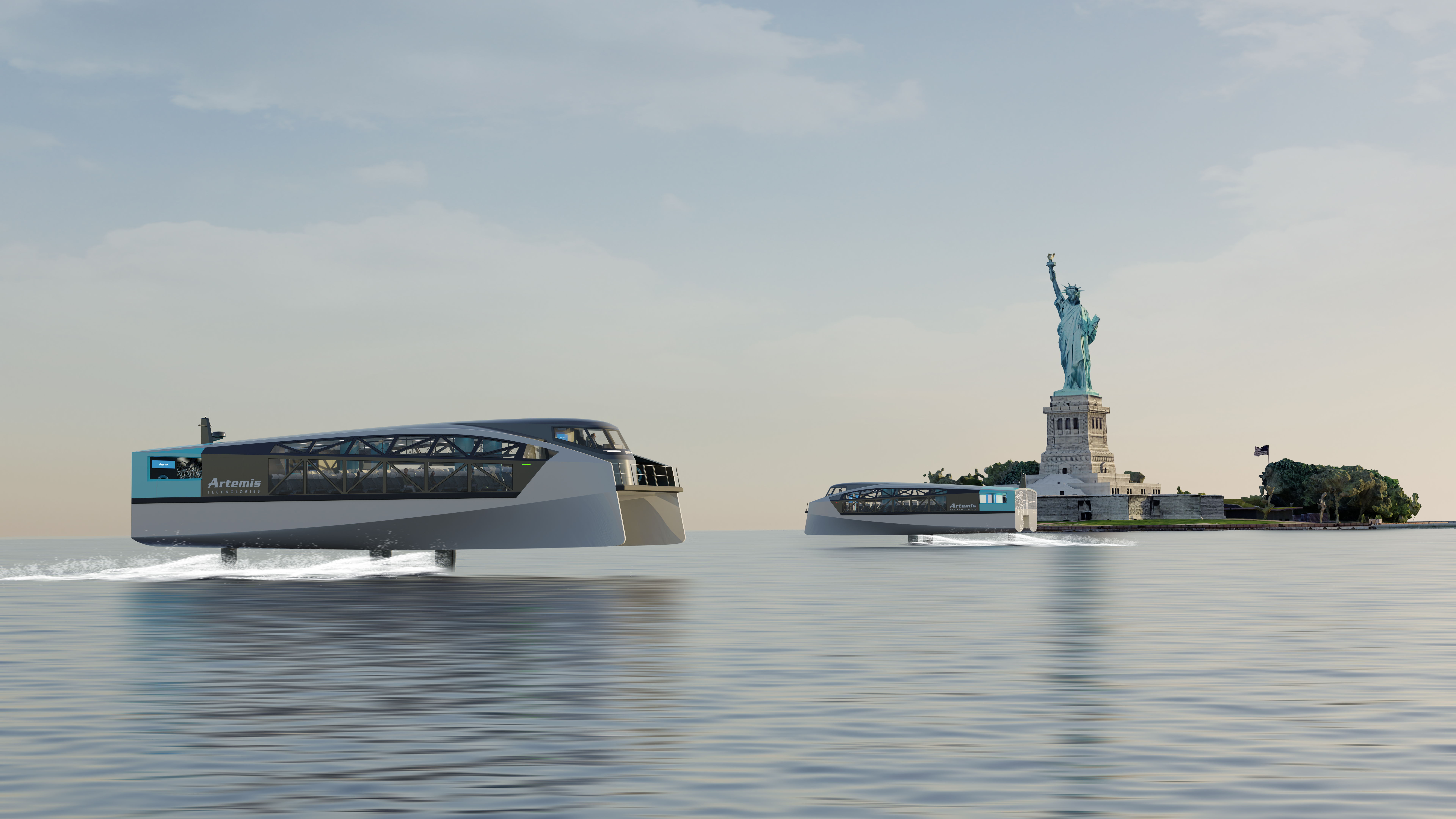 Two passenger ferries foiling above the water with the Statue of Liberty in the background
