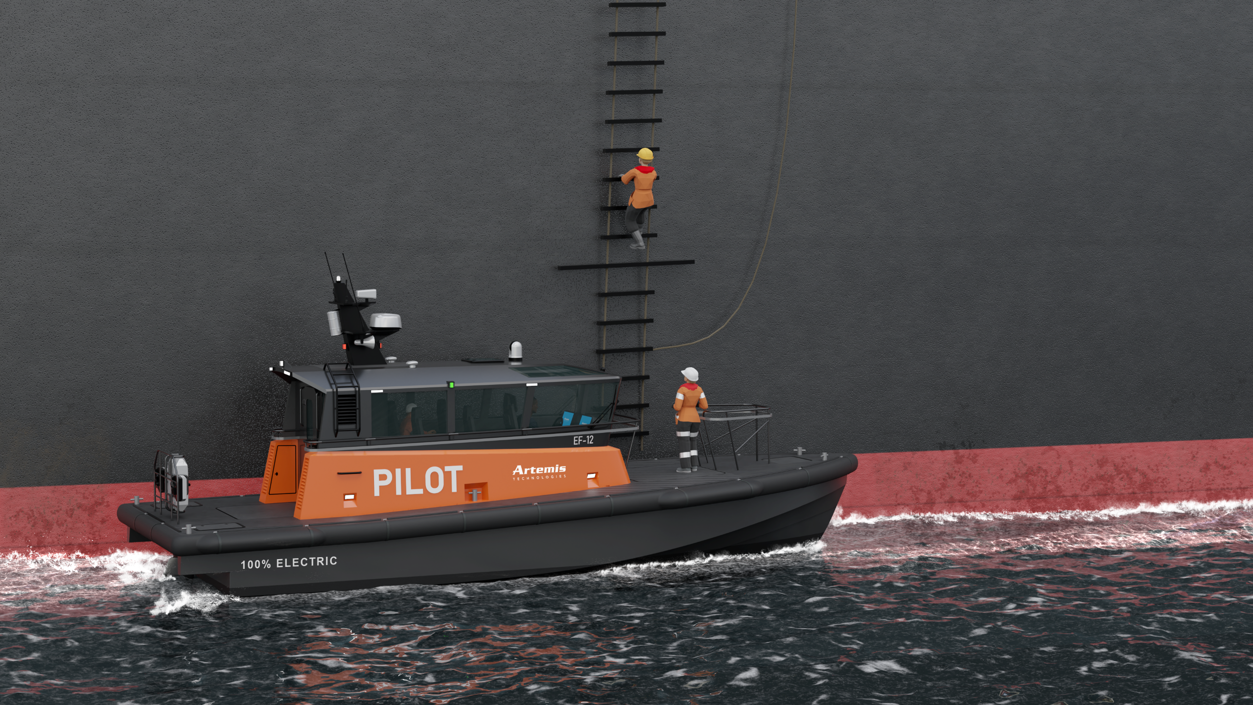 An Artemis EF-12 Pilot boat at a ship and crew making doing a pilot transfer. One marine pilot is climbing the pilot ladder onto the ship.
