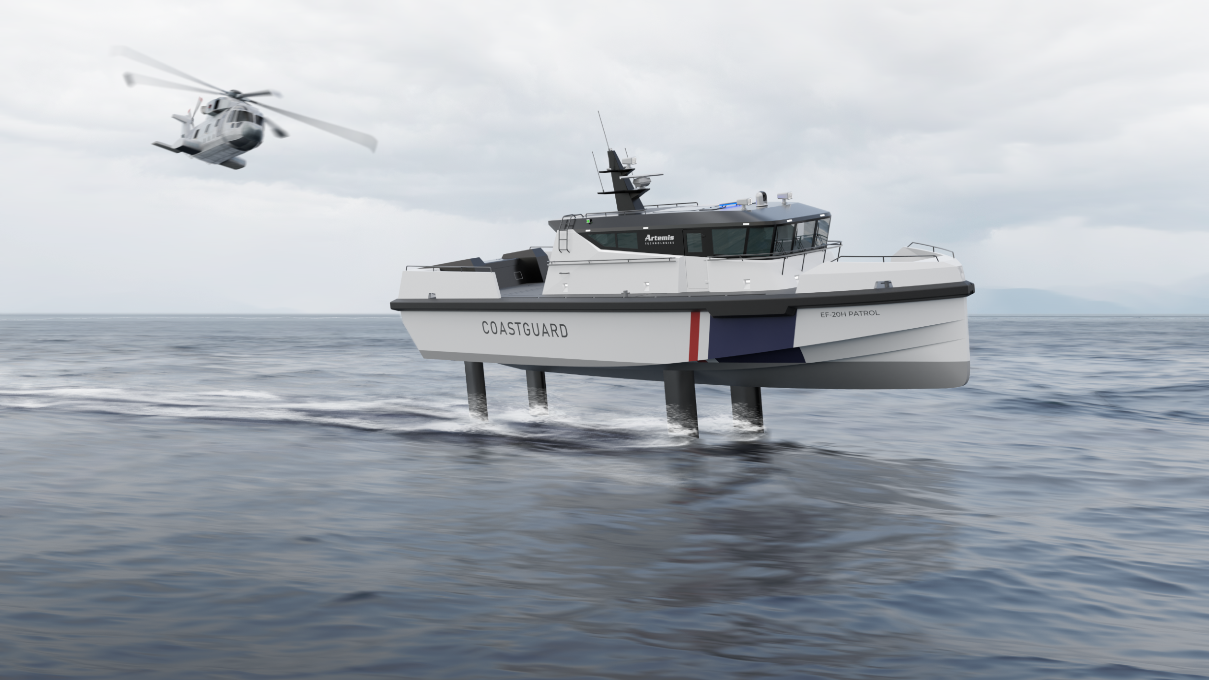 Render of Artemis Technologies EF-20 H Coastgaurd foiling alongside helicopter