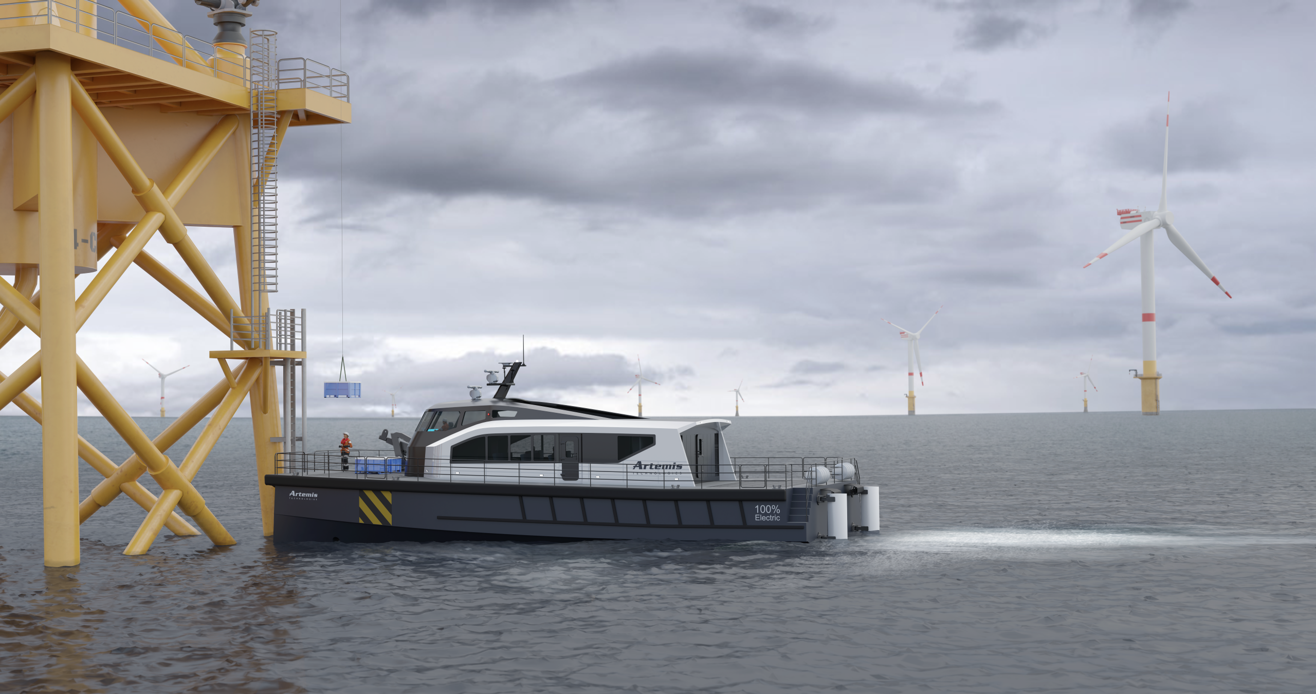 EF-24 CTV performing a bollard push and transferring cargo up on a line to the offshore wind turbine