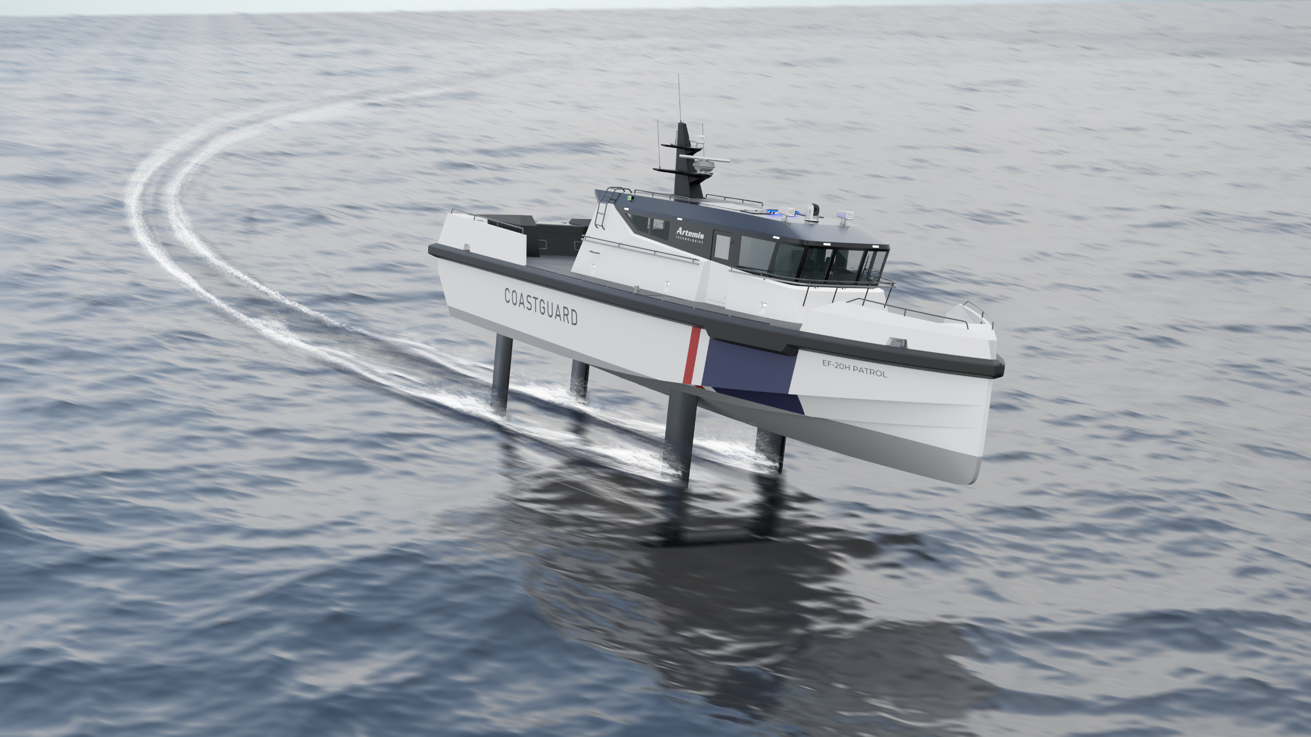 Artemis EF-20H Patrol vessel making a sharp turn with minimal wake behind. The white vessel with coastguard written on the side is foiling while turning. 