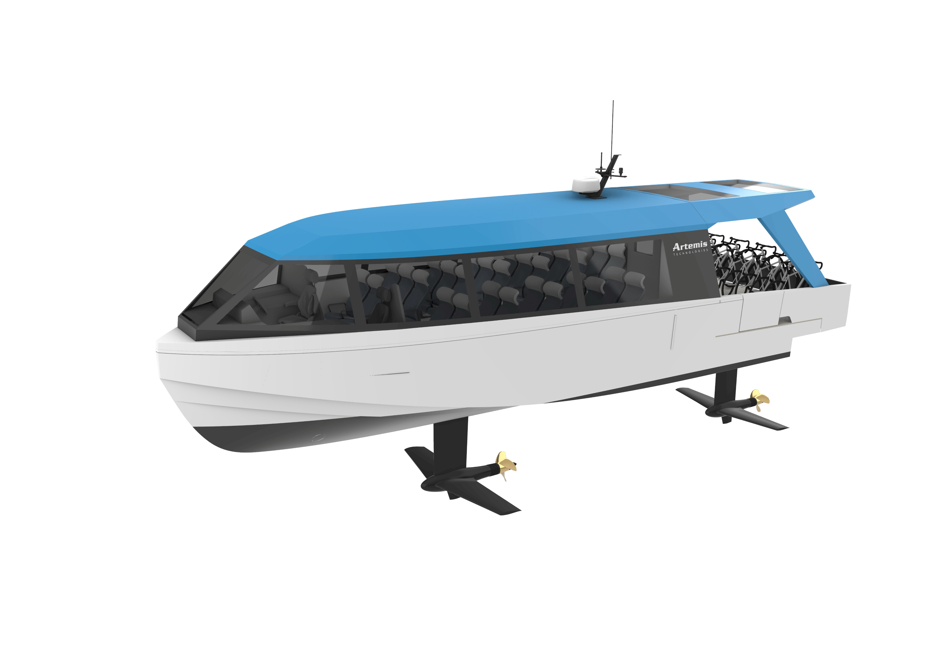 White boat with a turquoise roof and windows