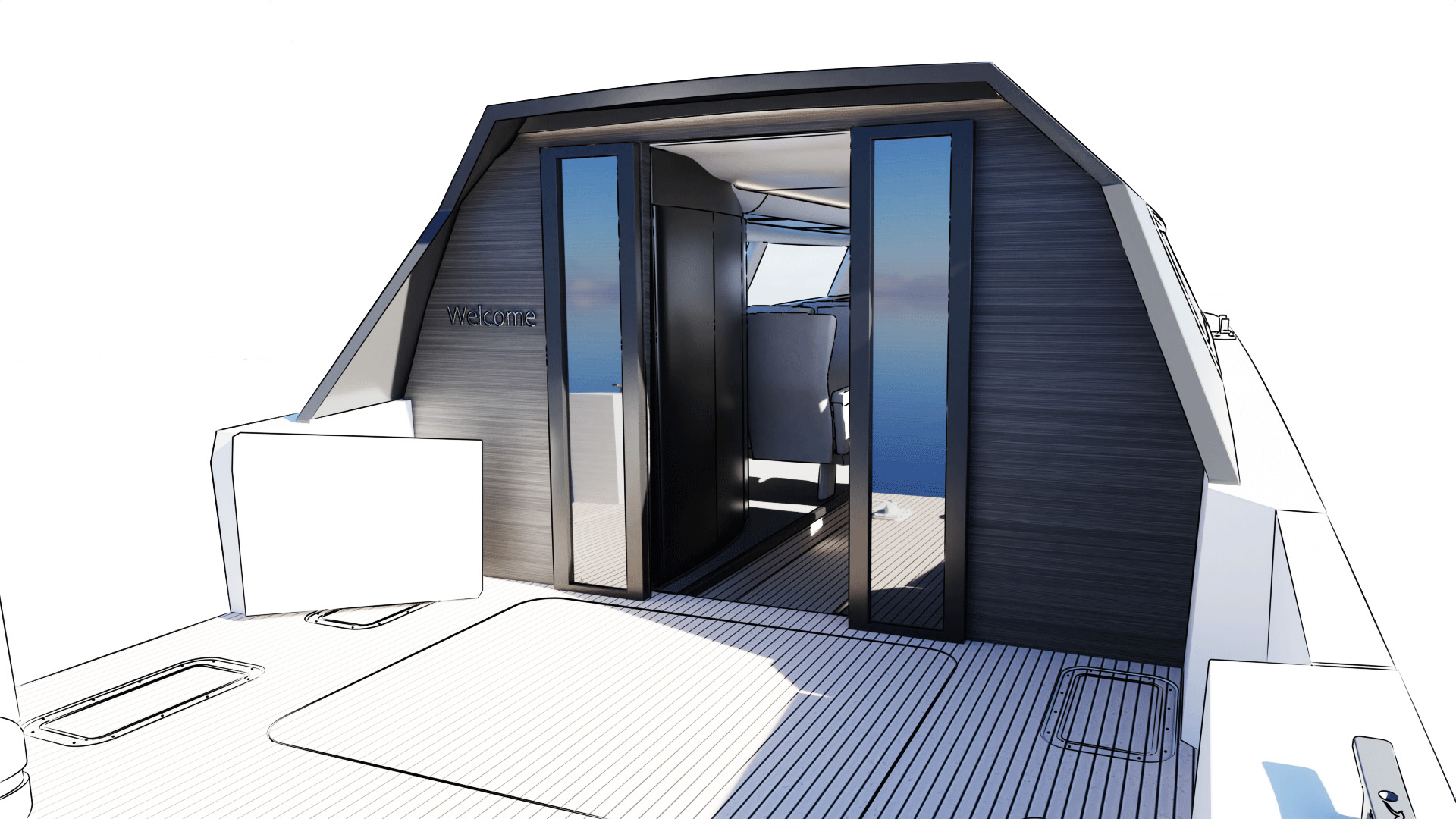 Luxury water taxi entrance with sliding glass doors