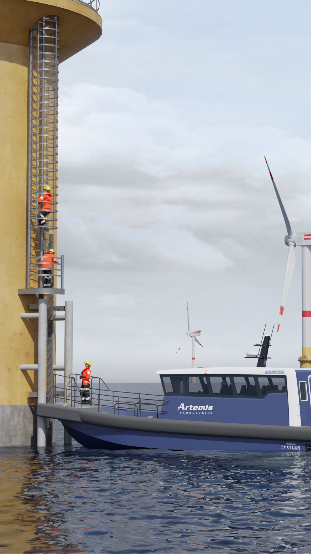 100% electric crew transfer vessel - bollard push at offshore wind turbine