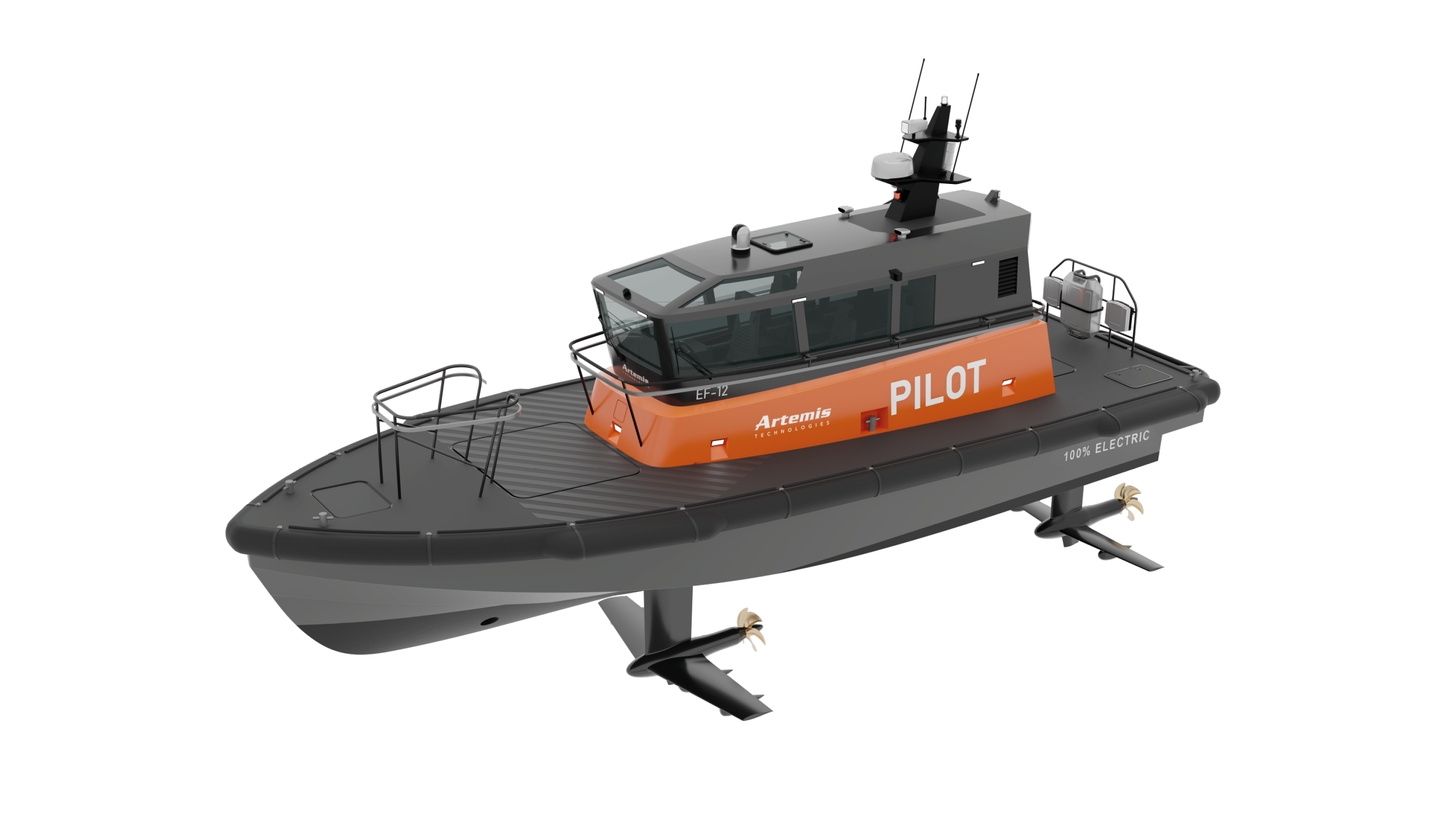 Front side view of the dual propulsion Artemis EF-12 Pilot boat