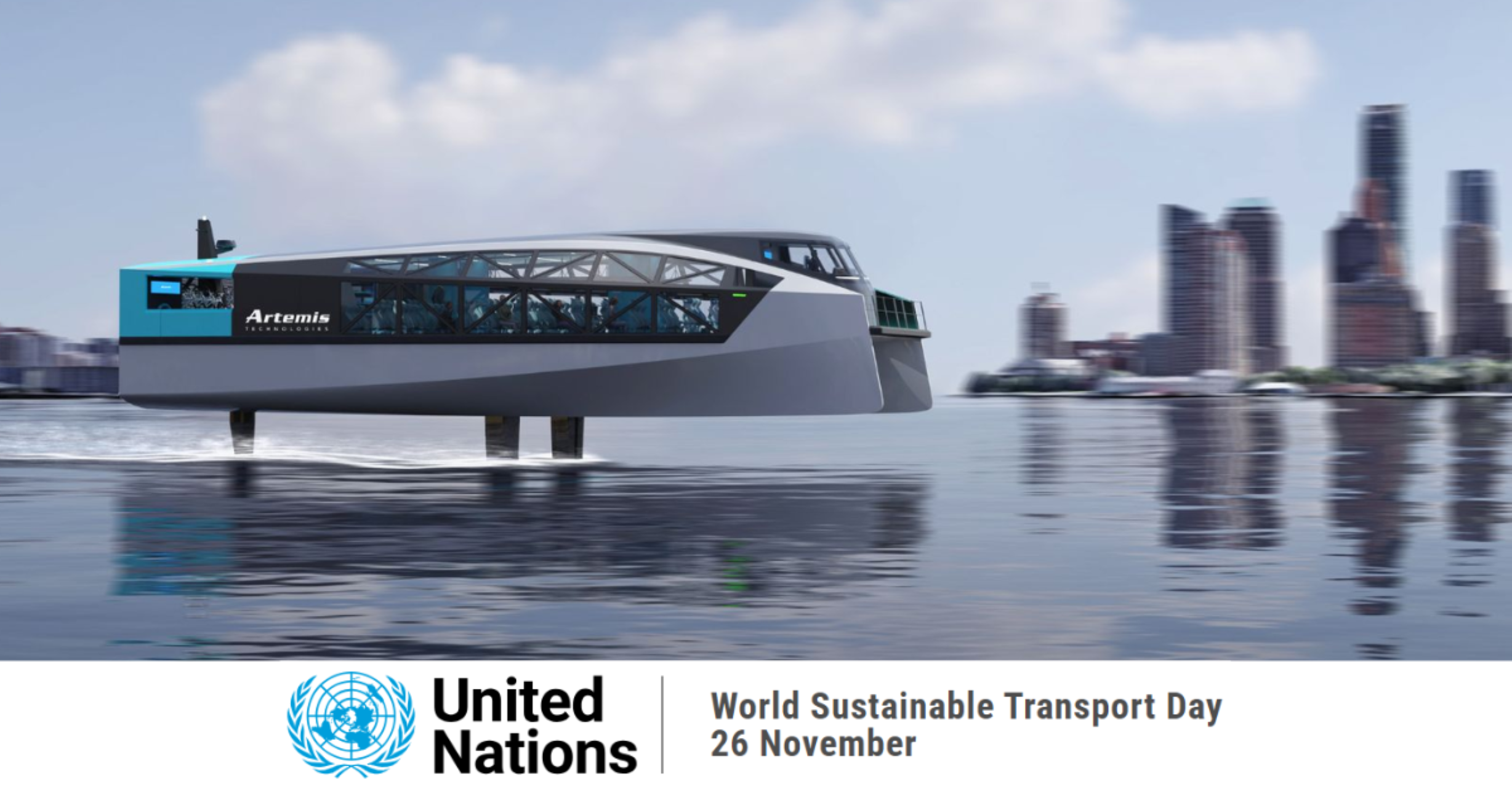Render of Artemis Technologies EF-24 Passenger ferry foiling. Underneath showing UN World sustainable transport day