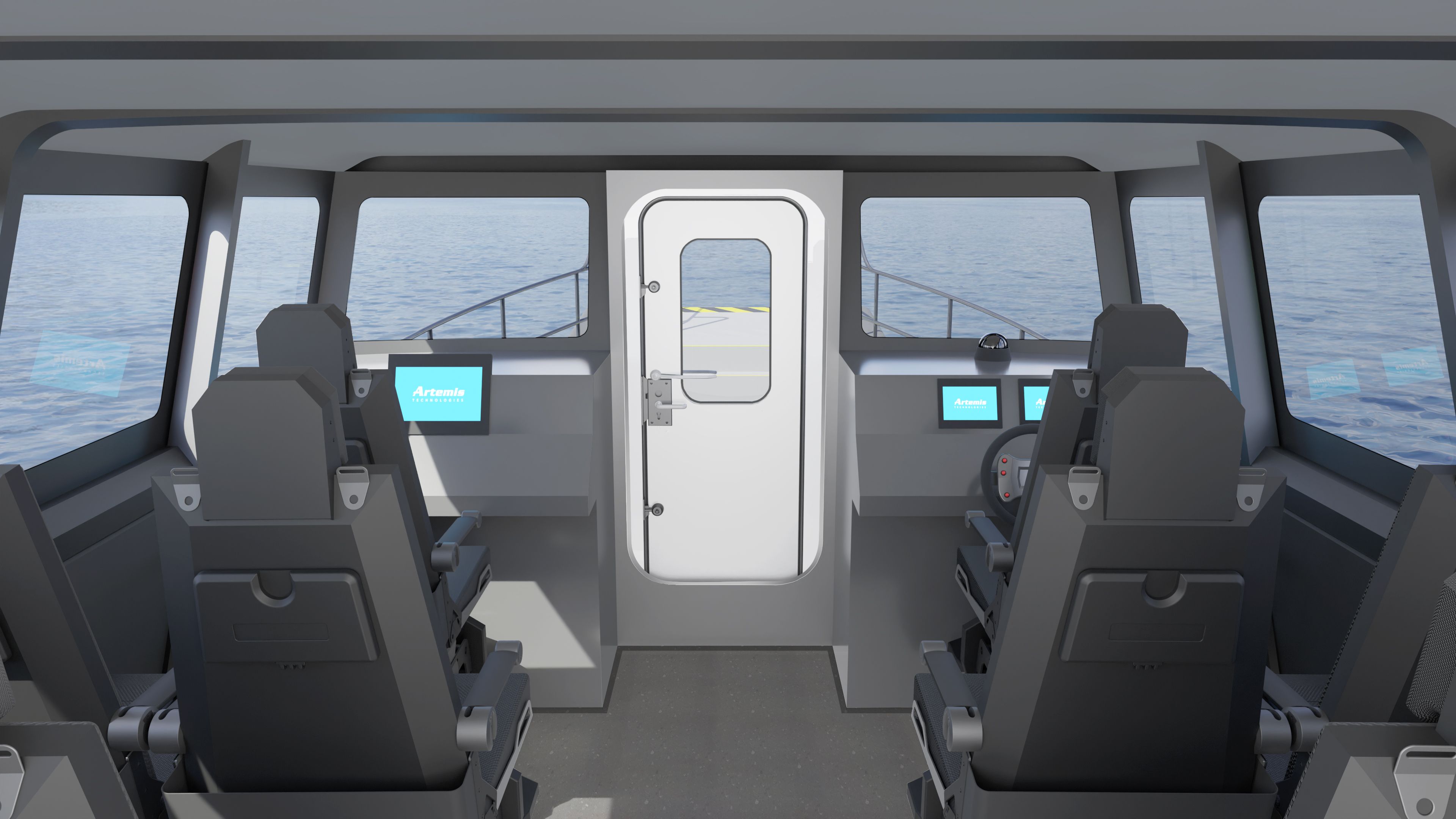 Inside the cabin of the 12 metre crew transfer vessel showing the dashboard and controls, seating, front door that gives access to the bow and view out of the front windows.