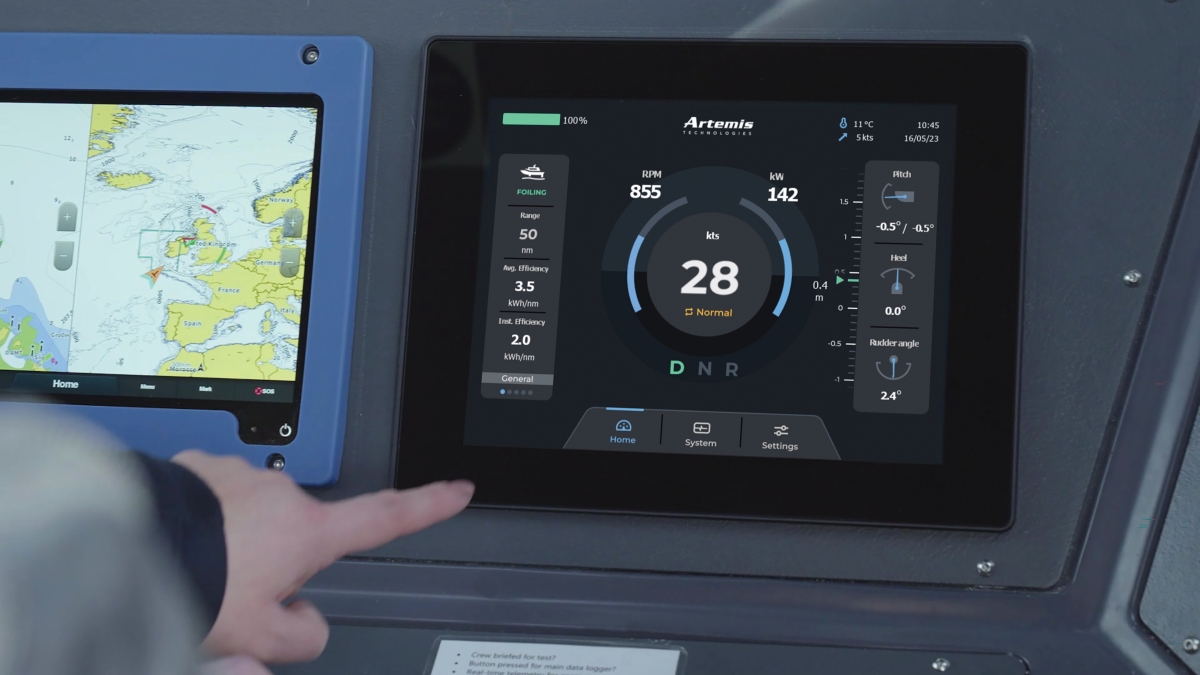 Pointing to telematics screen on the Artemis EF-12 Workboat