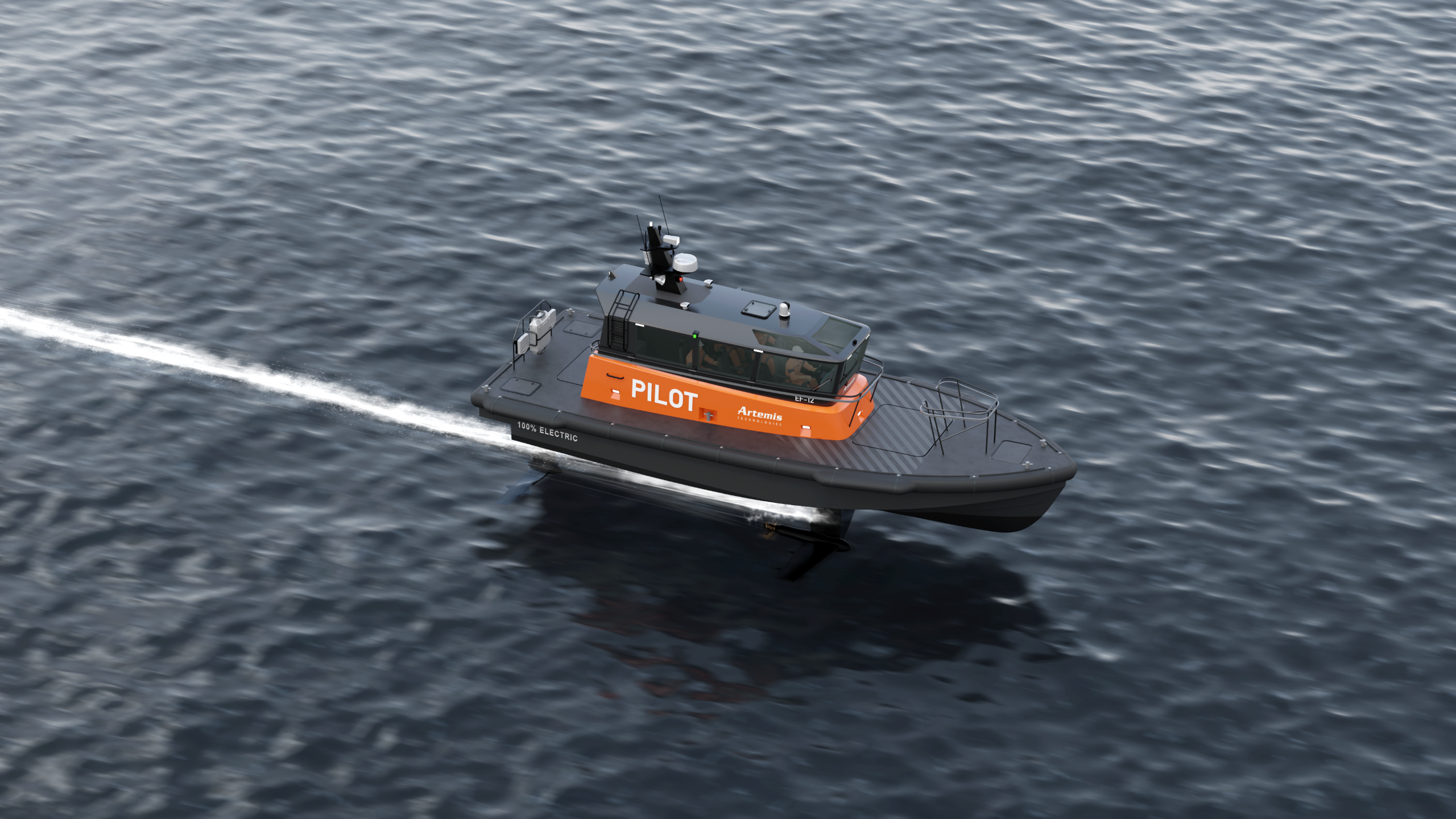 An Artemis EF-12 Pilot boat foiling in the sea