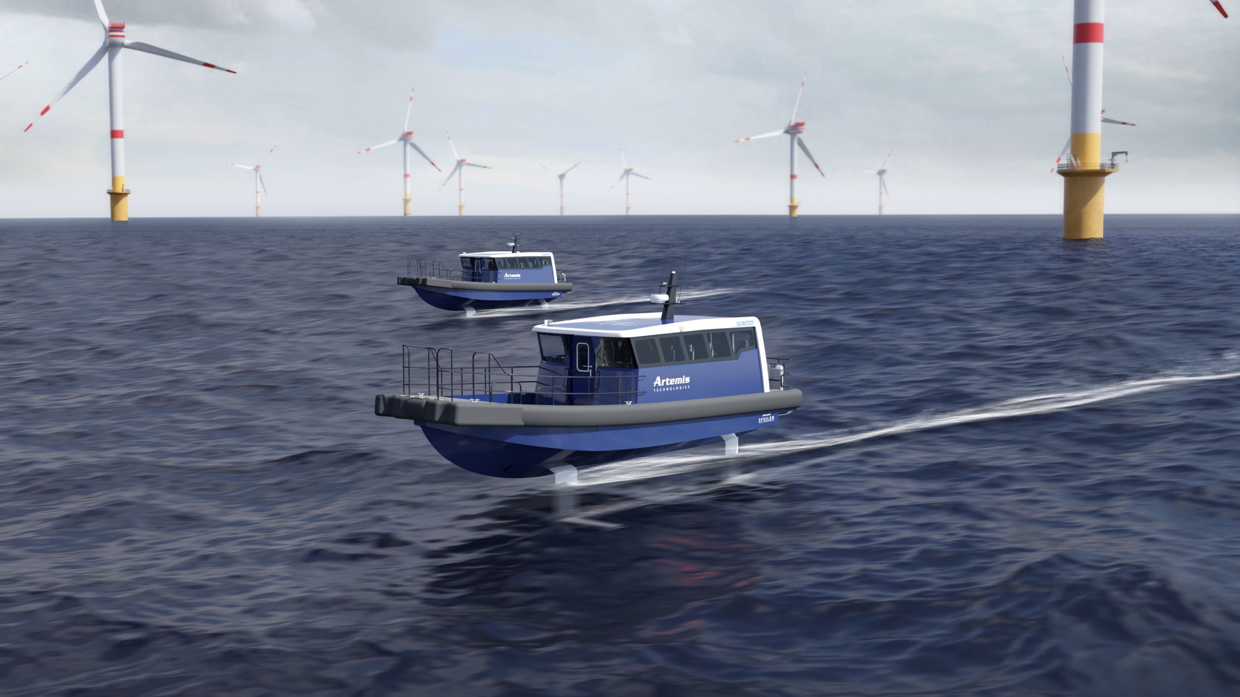 Render of two Artemis Technologies EF-12 Workboats foiling alongside eachother