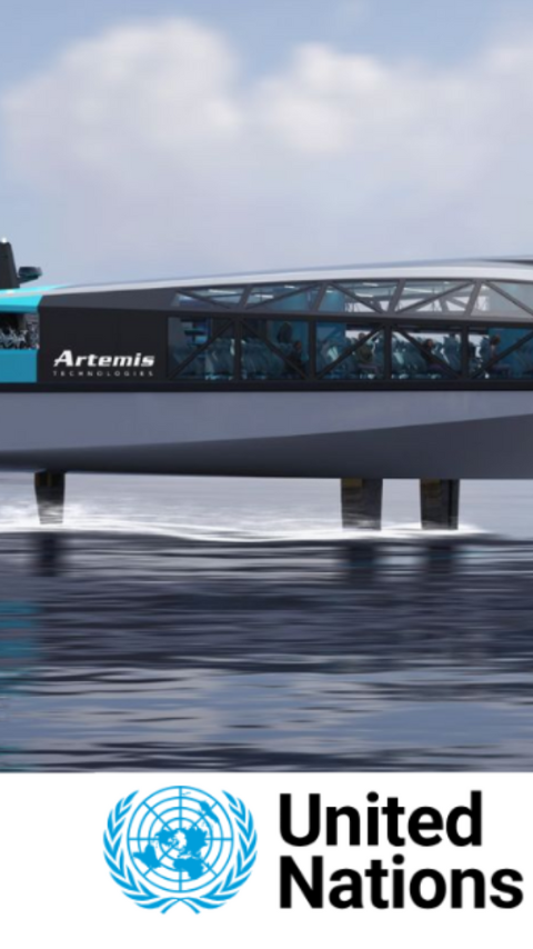 Render of Artemis Technologies EF-24 Passenger ferry foiling. Underneath showing UN World sustainable transport day