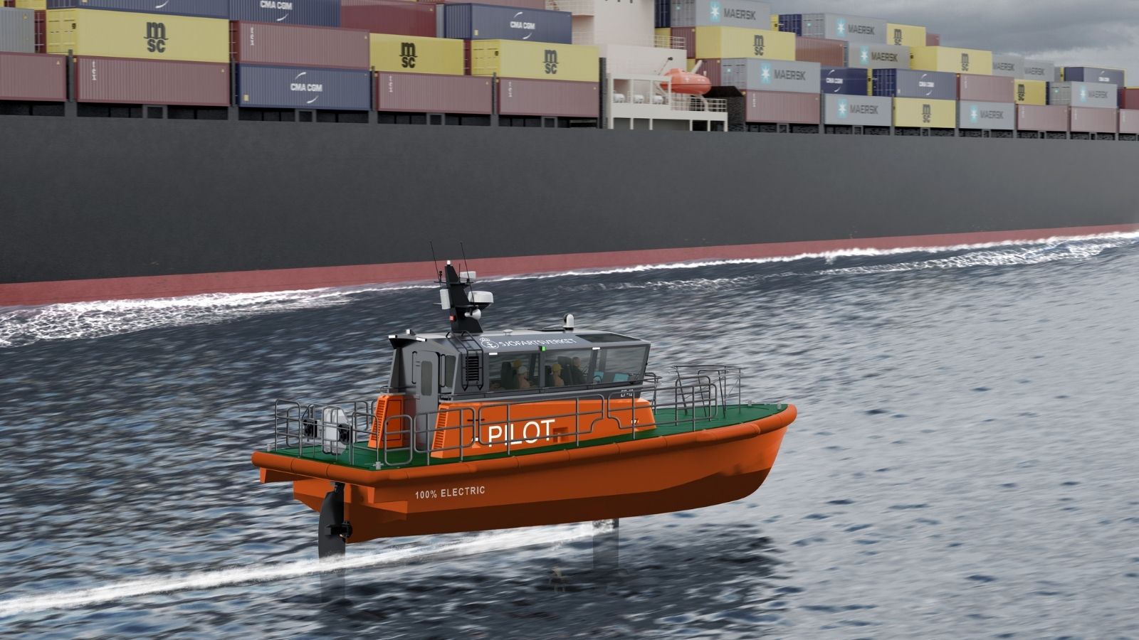 Swedish Maritime Administration logo on an orange pilot boat with a ship in the background