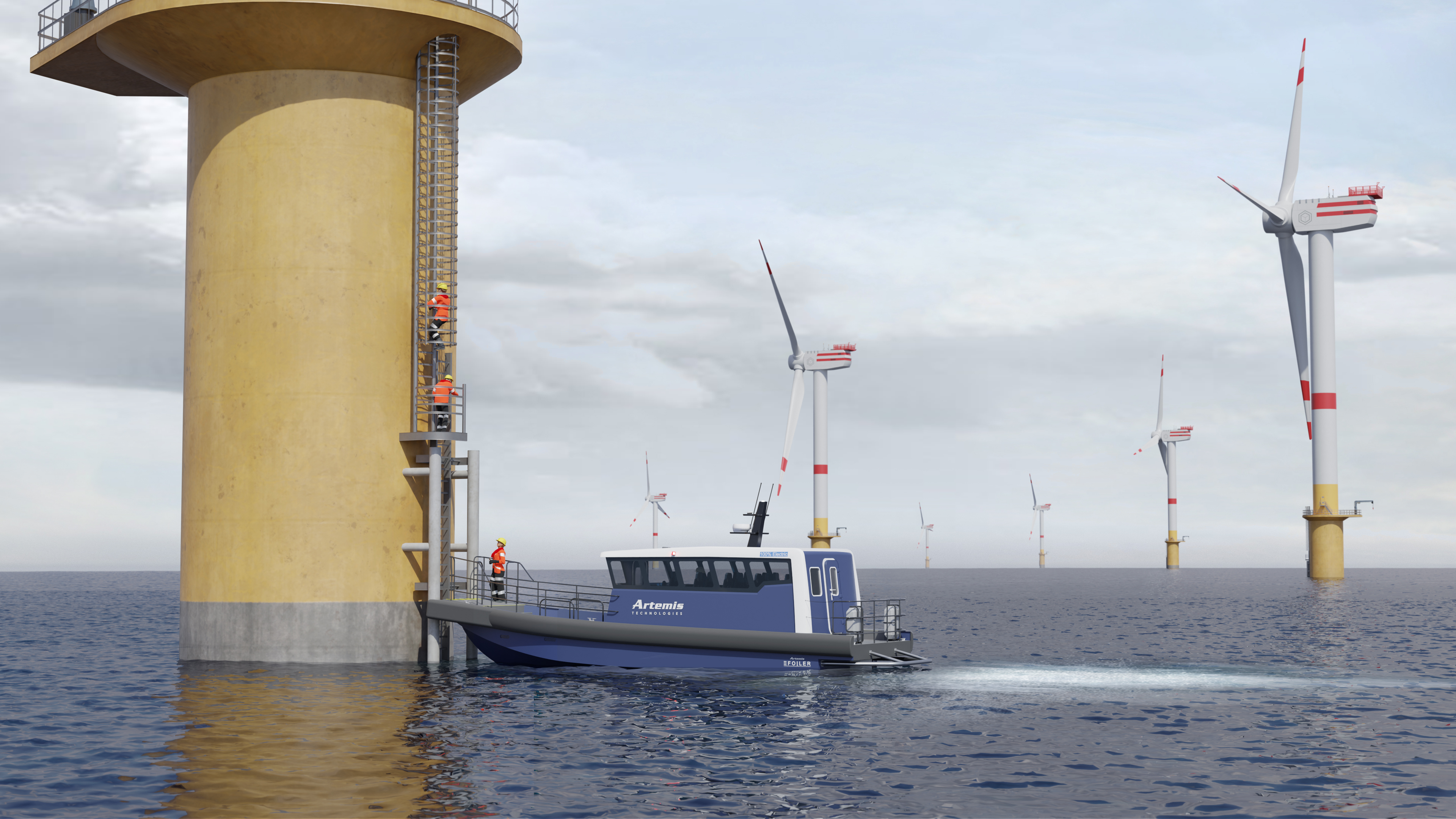 A blue crew transfer vessel bollard push at an offshore wind turbine