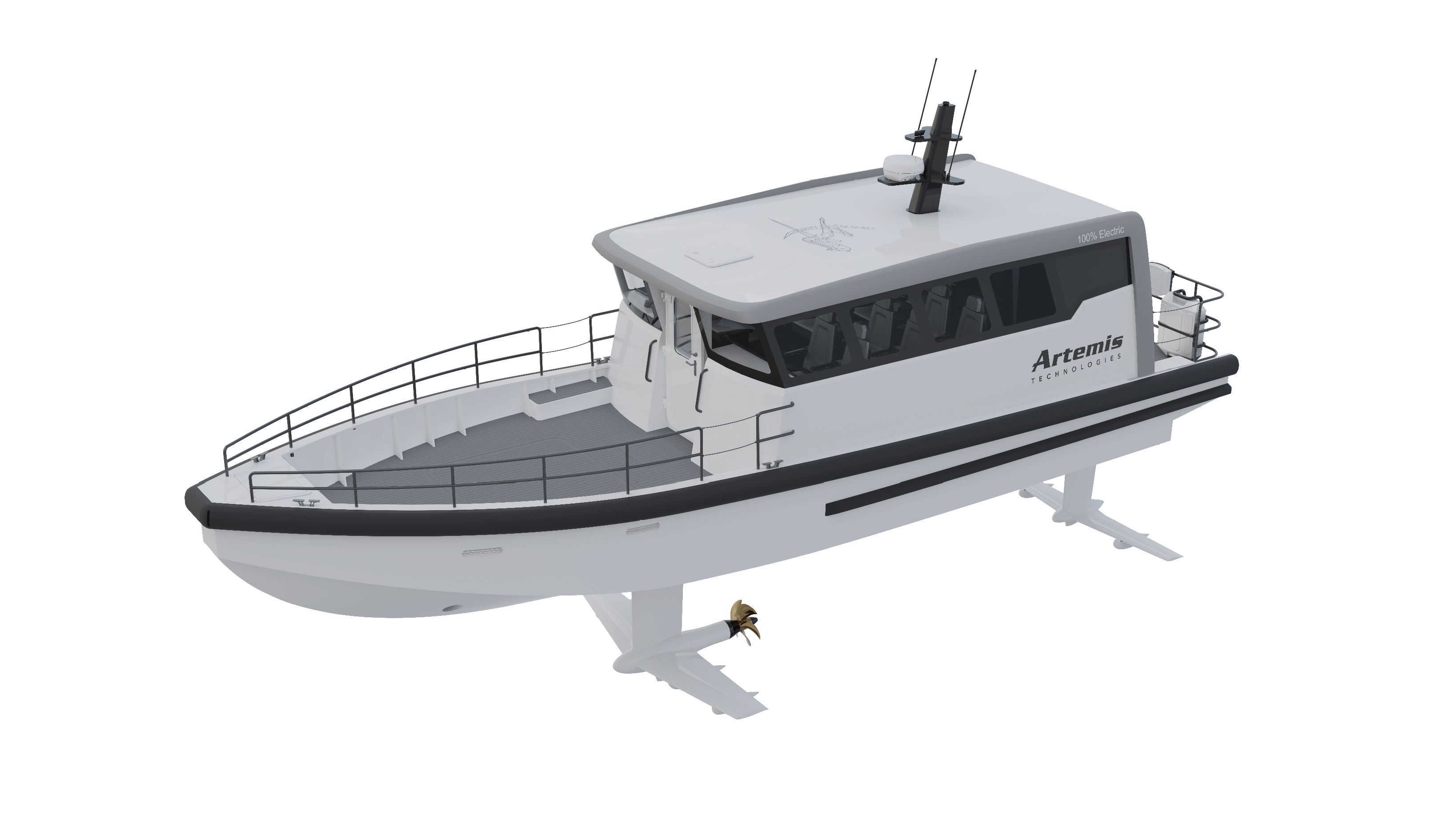 Front side view of the white Artemis EF-12 Workboat XL