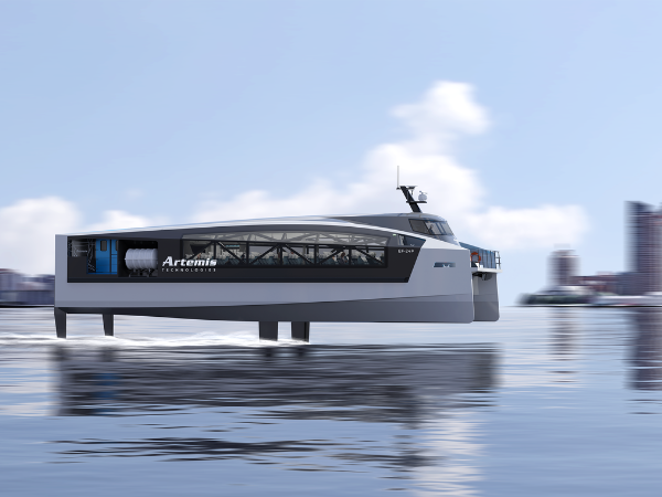 Electric hydrofoil ferry against a city backdrop