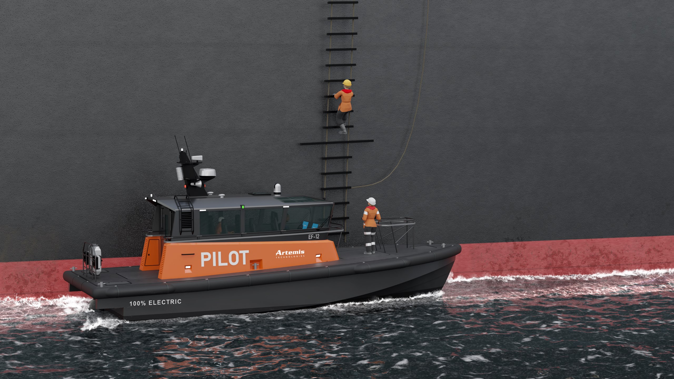 Pilot boat alongside ship and pilot climbing a ladder