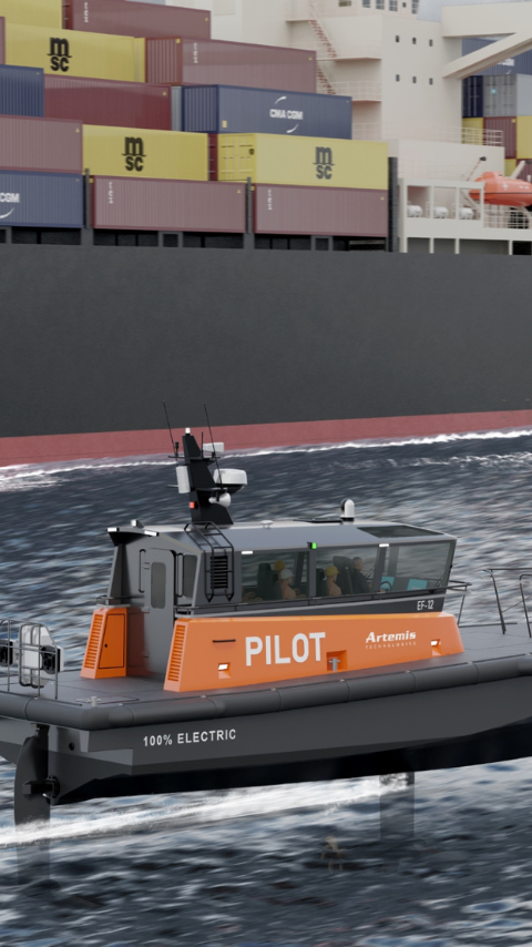 Render of Artemis Technologies EF-12 Pilot boat foiling alongside ship