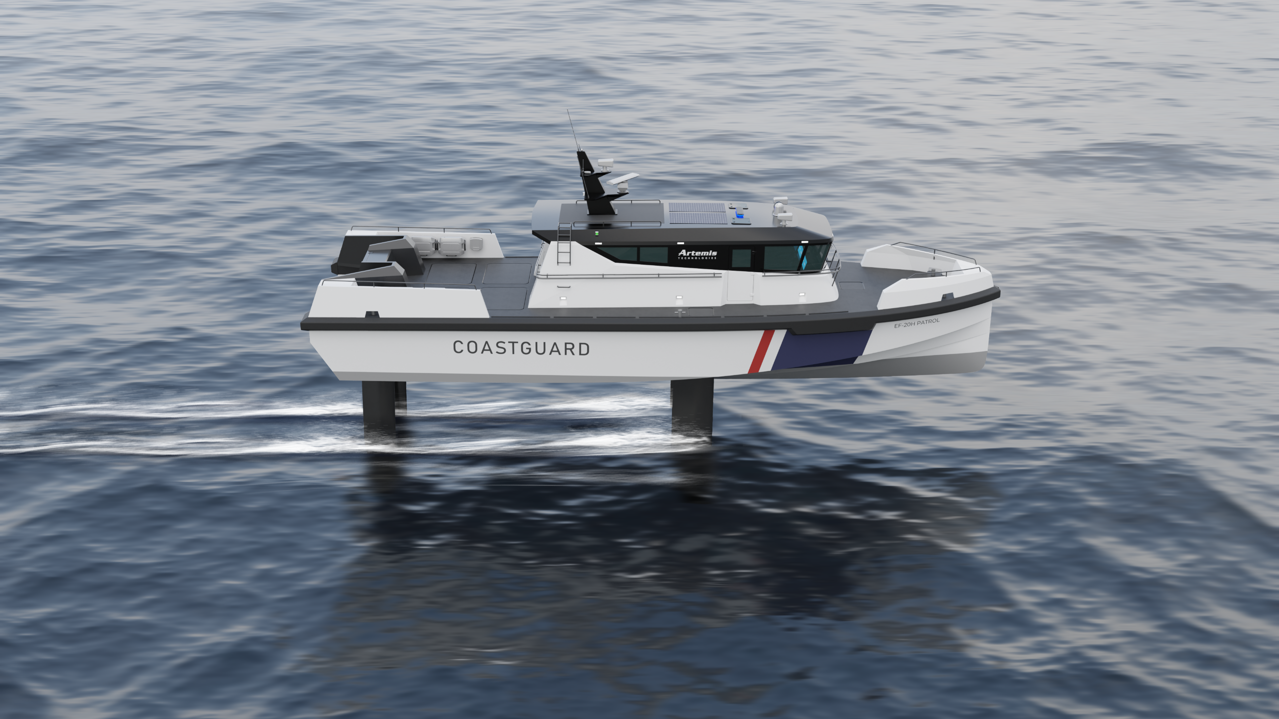 White Artemis EF-20H Patrol vessel foiling with starboard visible. On the side of the boat is written coastguard and there is a navy stripe and thin red stripe of the coastguard colours on the bow. 