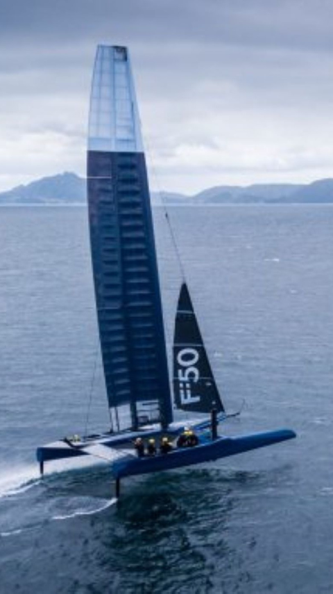 Sail boat foiling on water