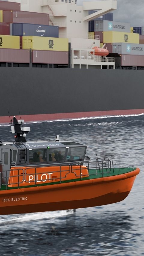 Swedish Maritime Administration logo on an orange pilot boat with a ship in the background