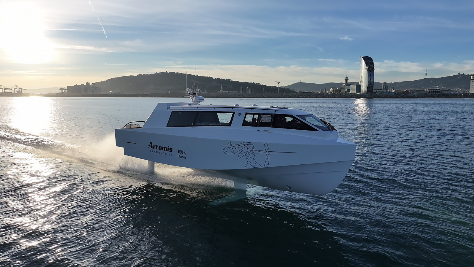 Electric white boat hydrofoiling above water