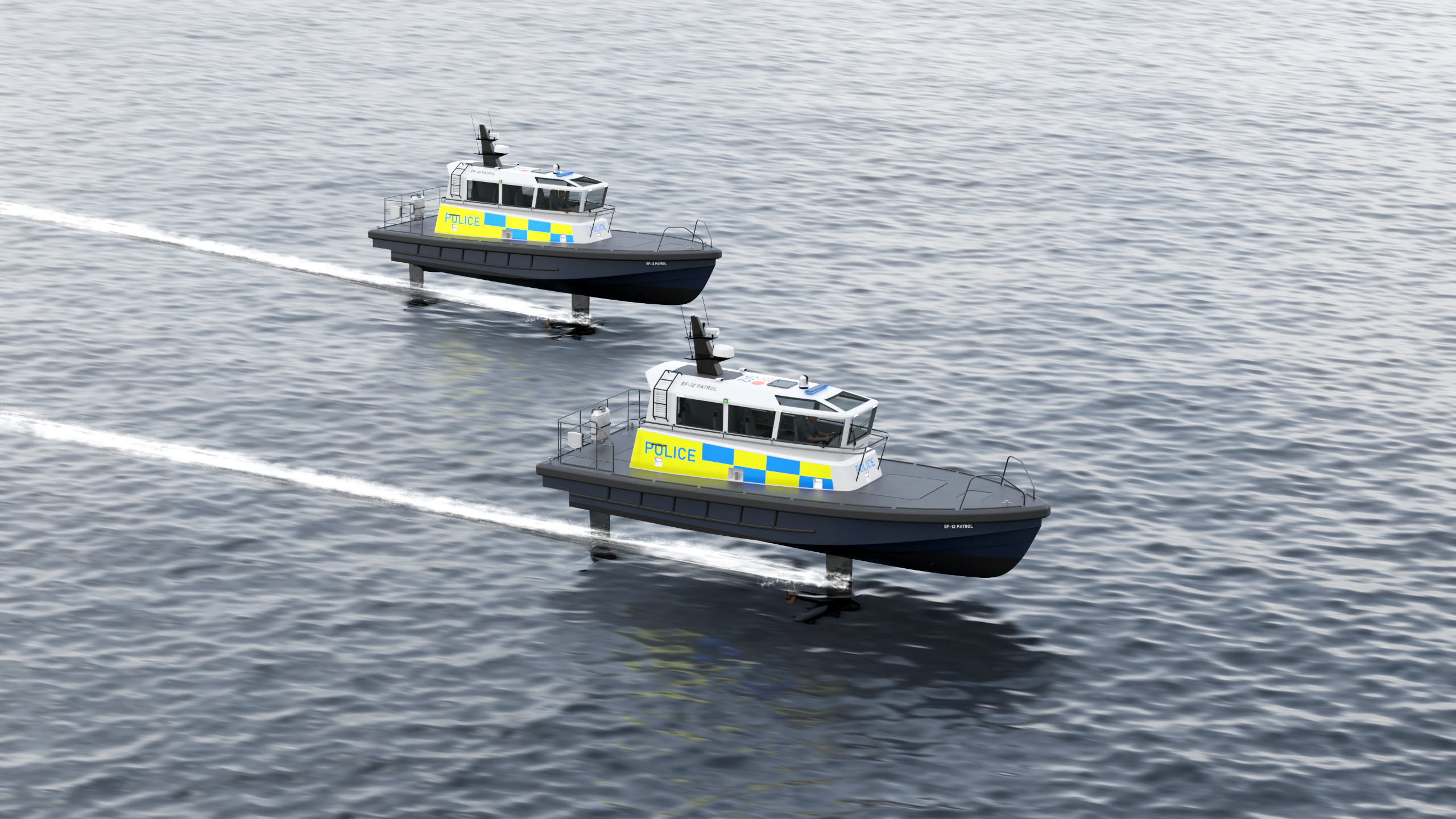 Two foiling Artemis EF-12 Patrol vessels in parallel with one slightly ahead of the other