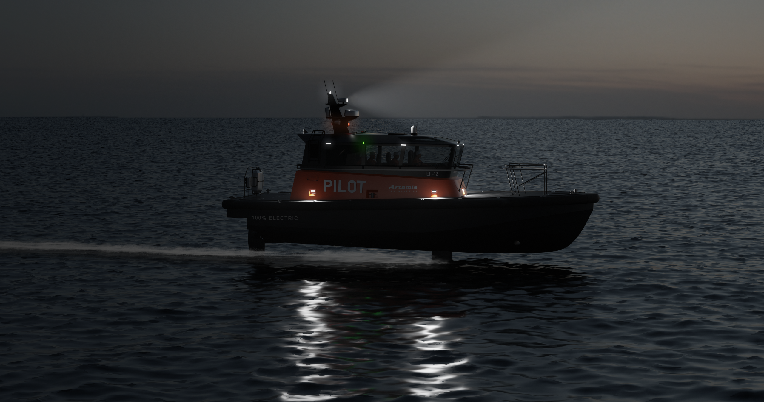 An Artemis EF-12 Pilot boat foiling at night with lights shining out from the boat to the sea for crew visibility 