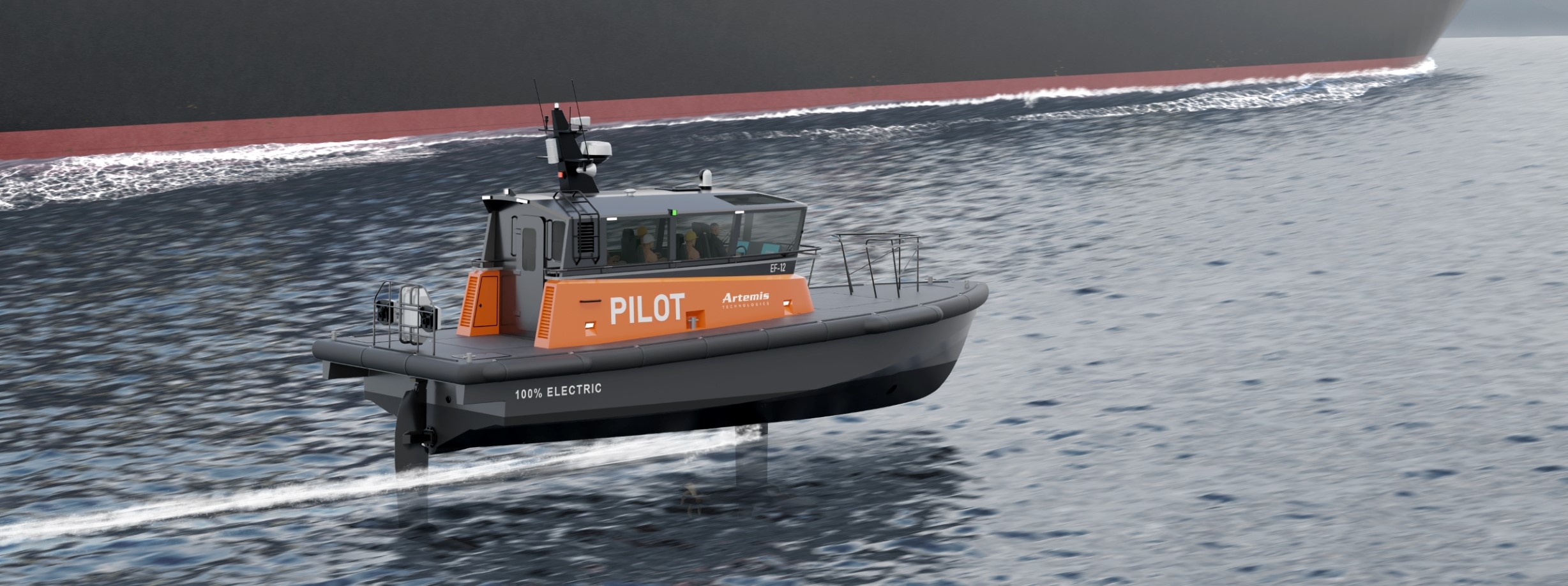 Render of Artemis Technologies EF-12 Pilot boat foiling alongside ship