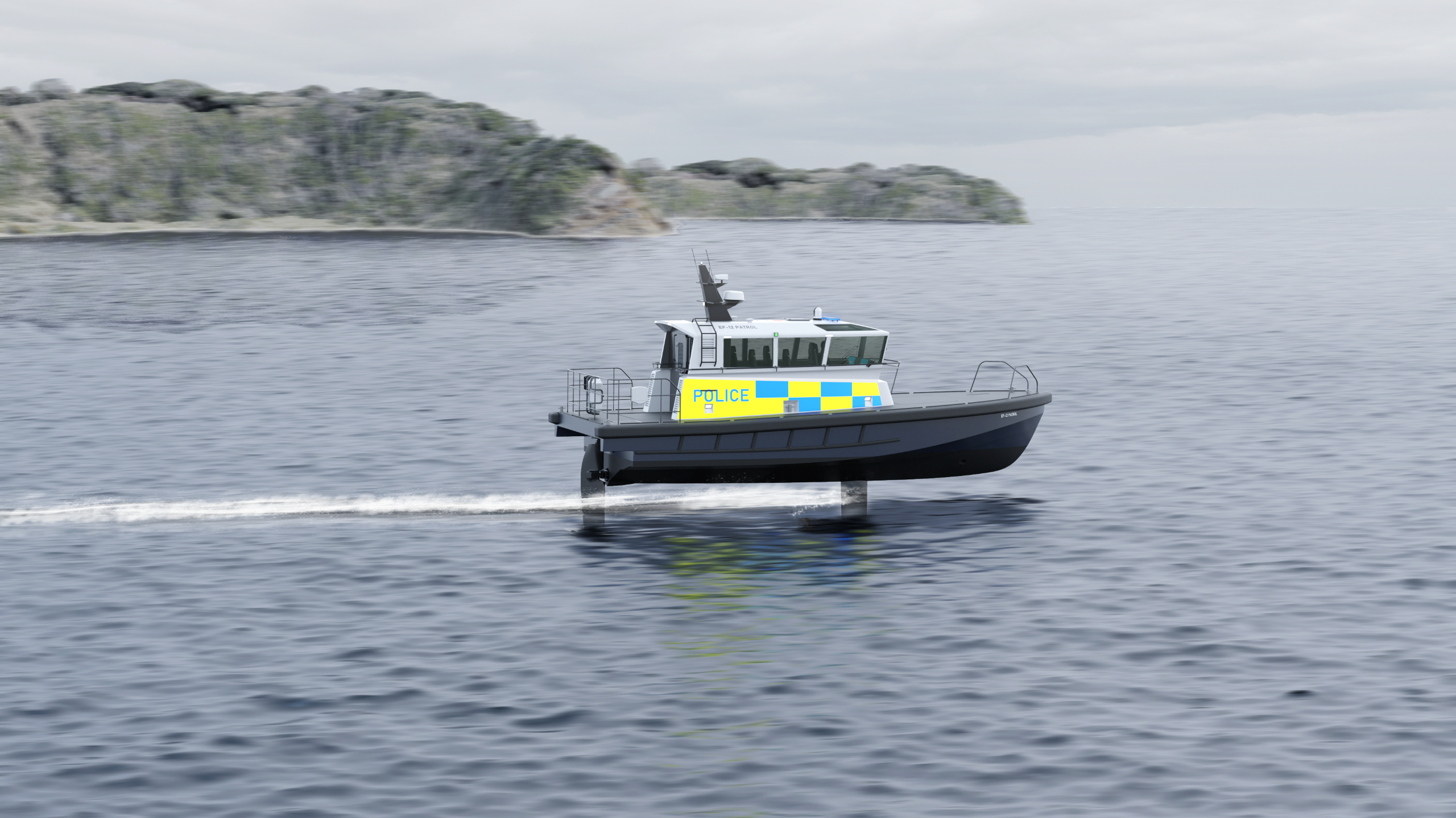 The Artemis EF-12 Patrol boat foiling in the sea near a coastline, on the side of the vessel it says Police and the cabin is yellow and blue