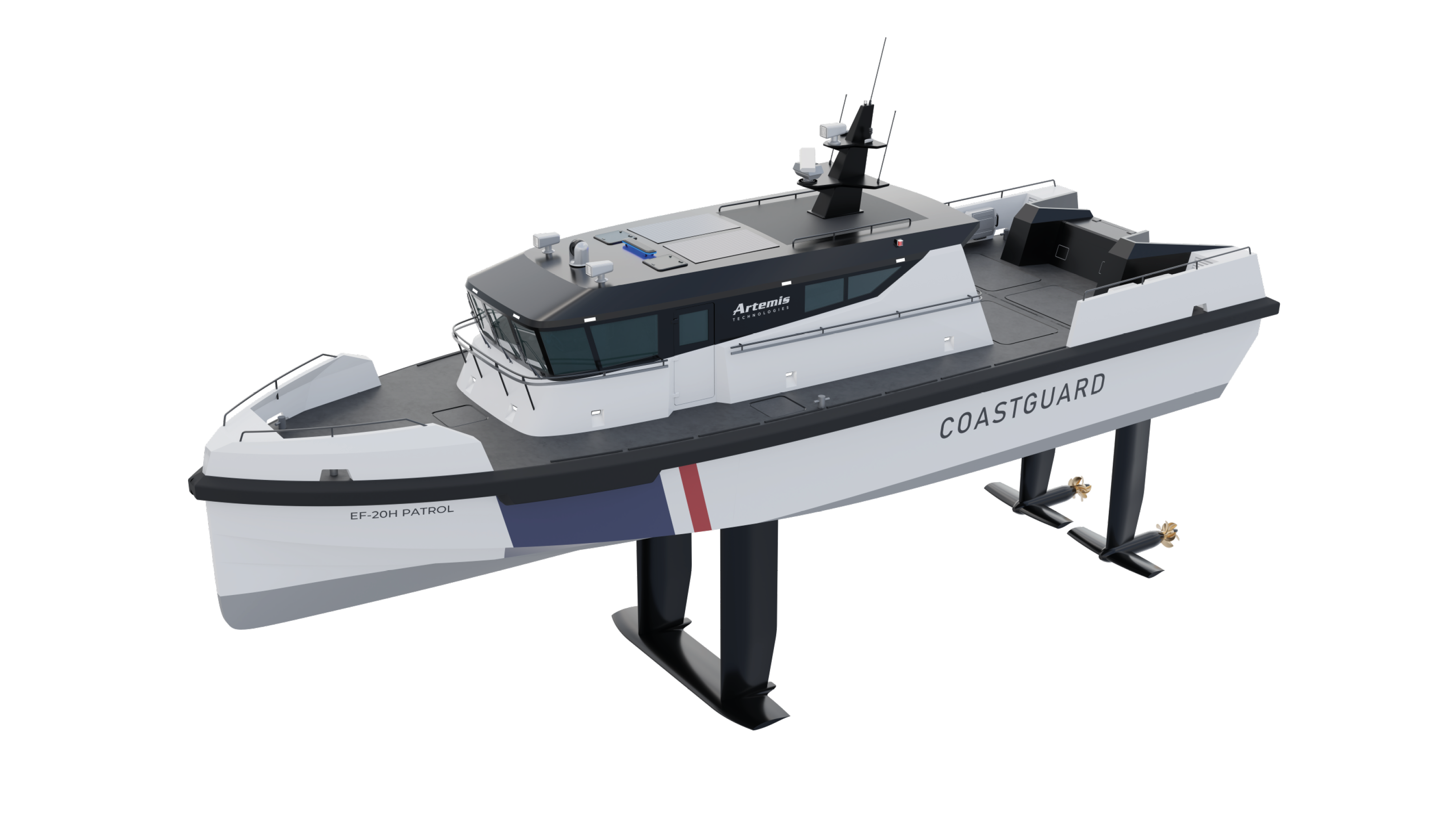 Front side view of the EF-20H patrol boat with foils visible